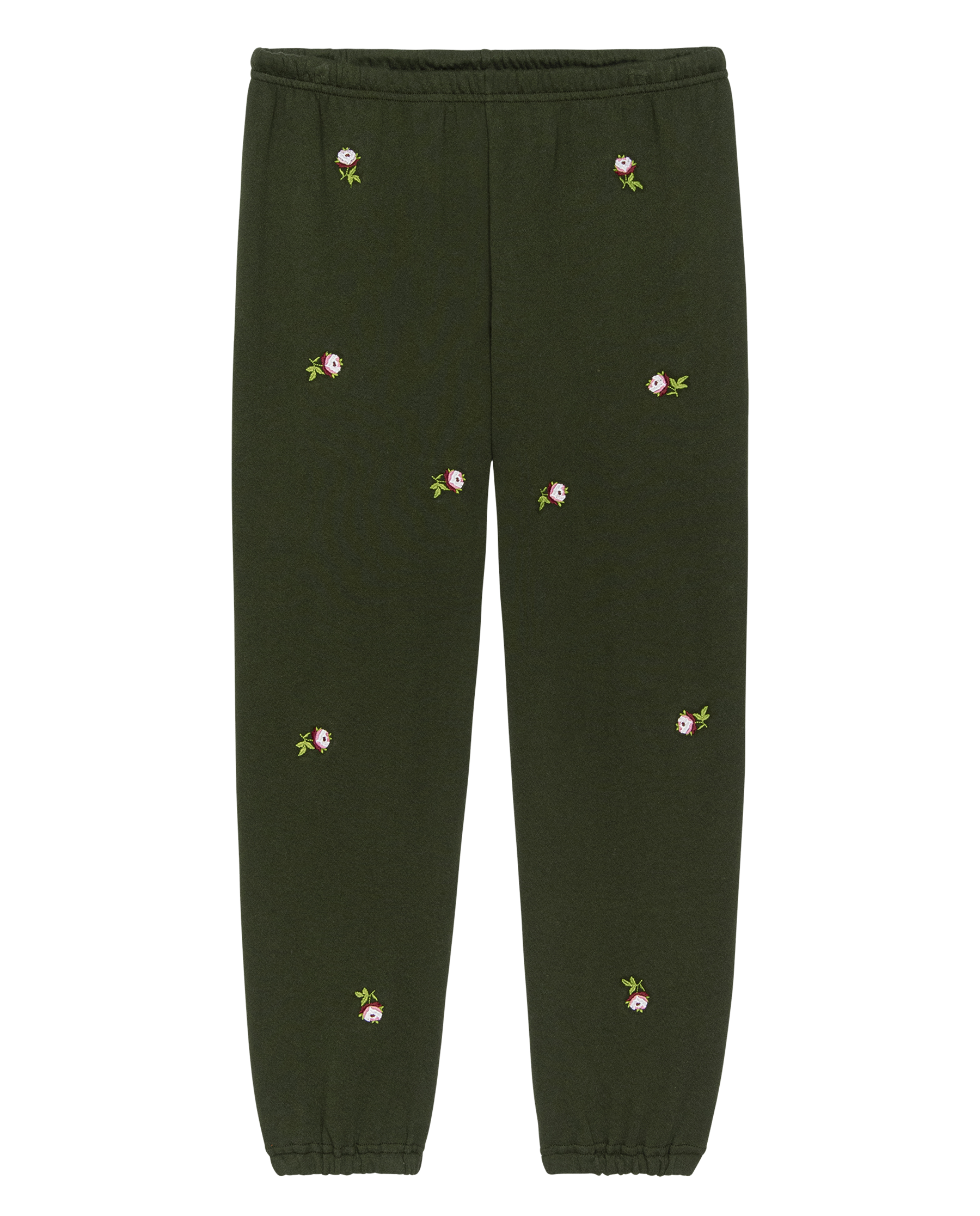 The Stadium Sweatpant. Embroidered -- Woodland Green With Embroidered Roses