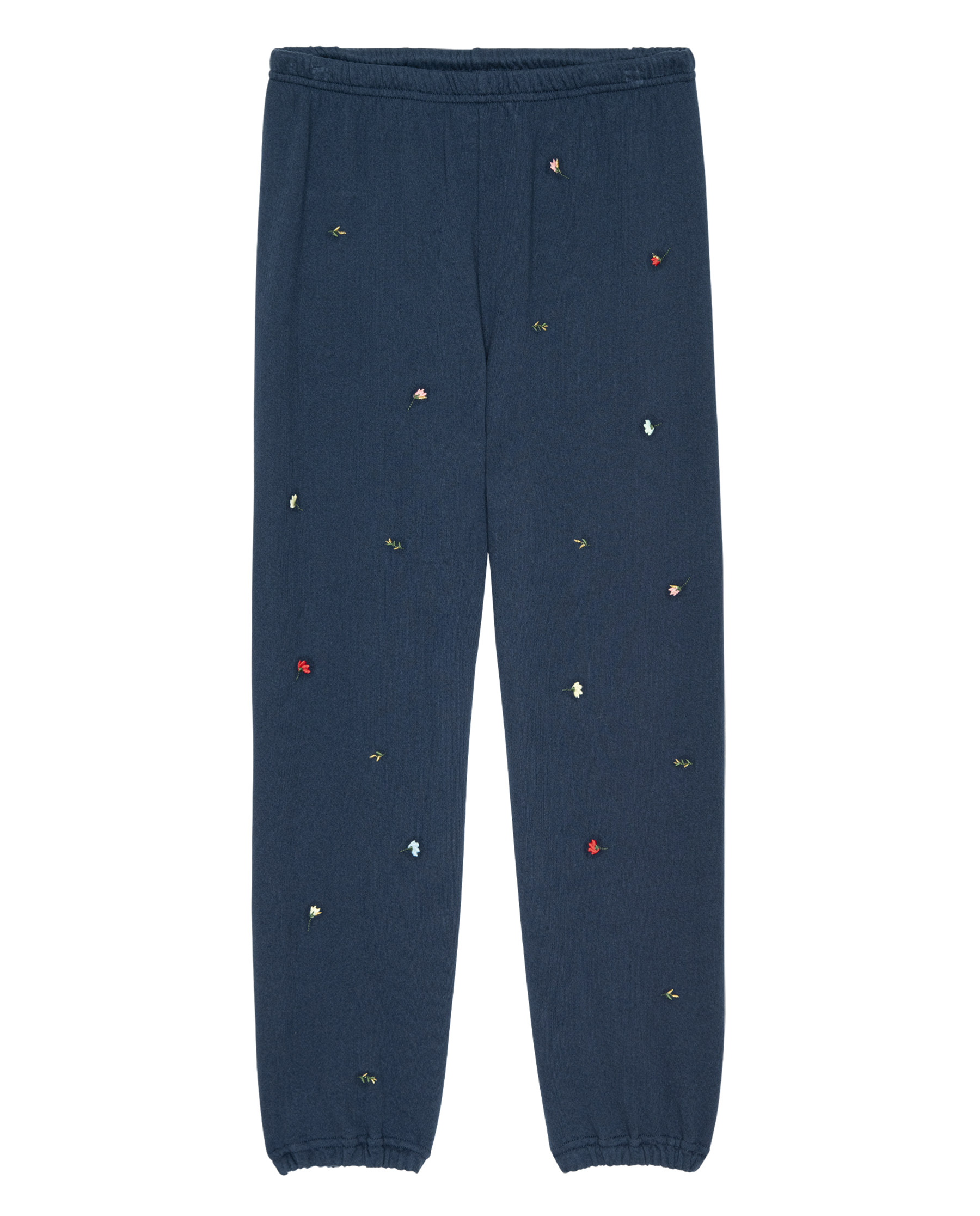 The Stadium Sweatpant. Embroidered -- Navy with Tossed Floral Embroidery