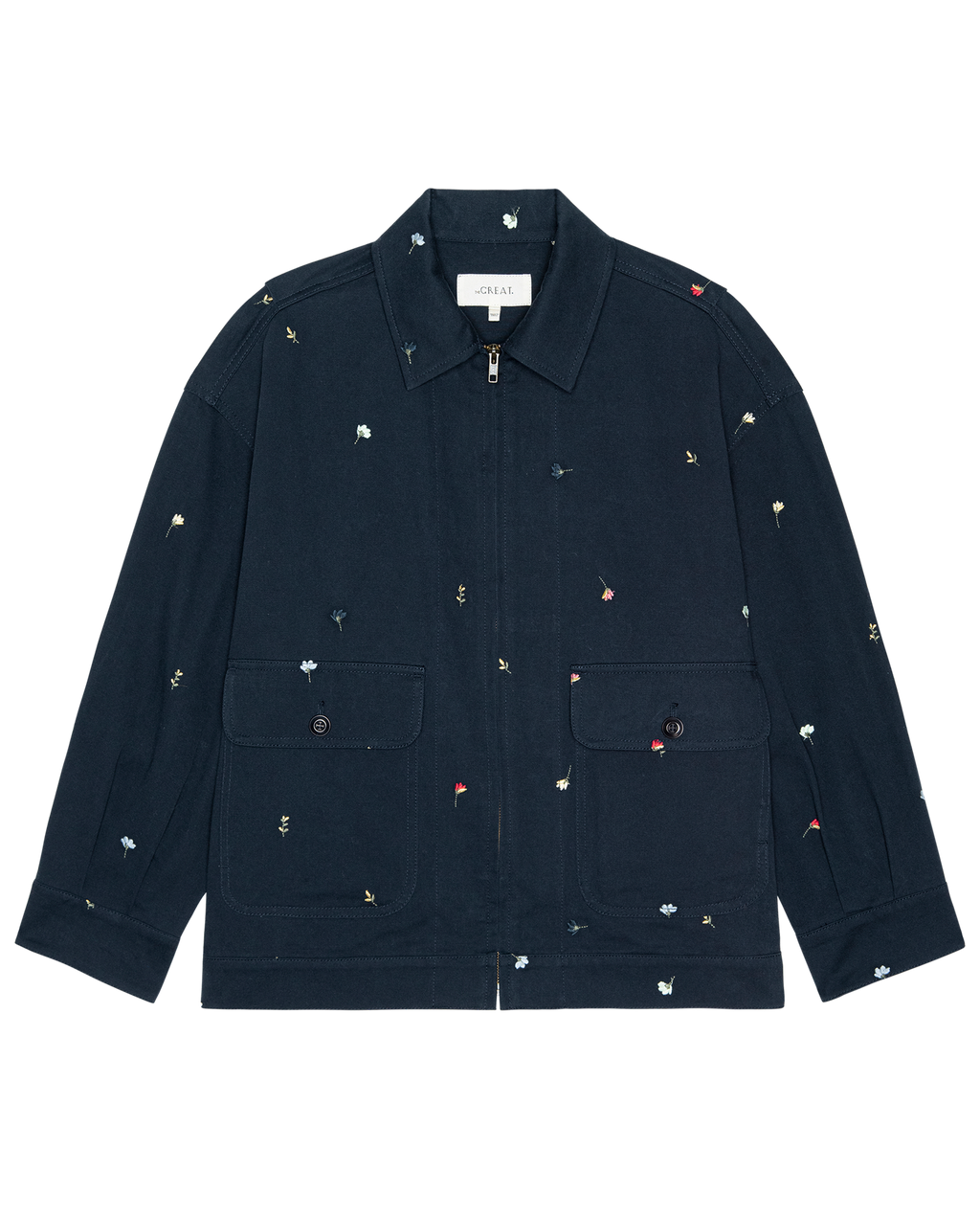 The Folsom Jacket. Embroidered -- Navy with Tossed Floral Embroidery