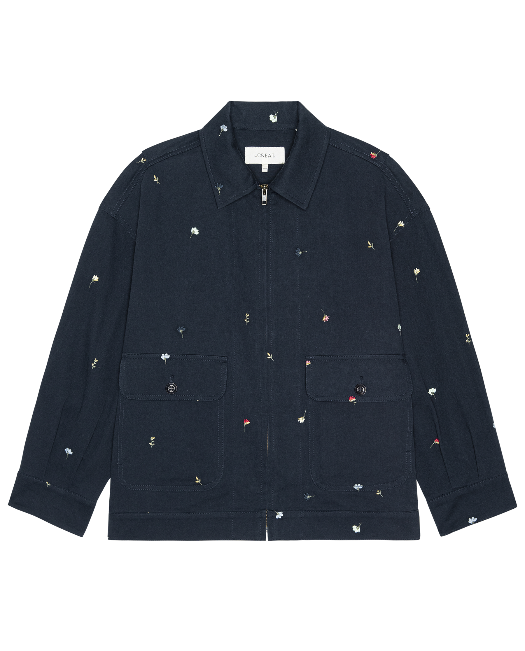 The Folsom Jacket. Embroidered -- Navy with Tossed Floral Embroidery