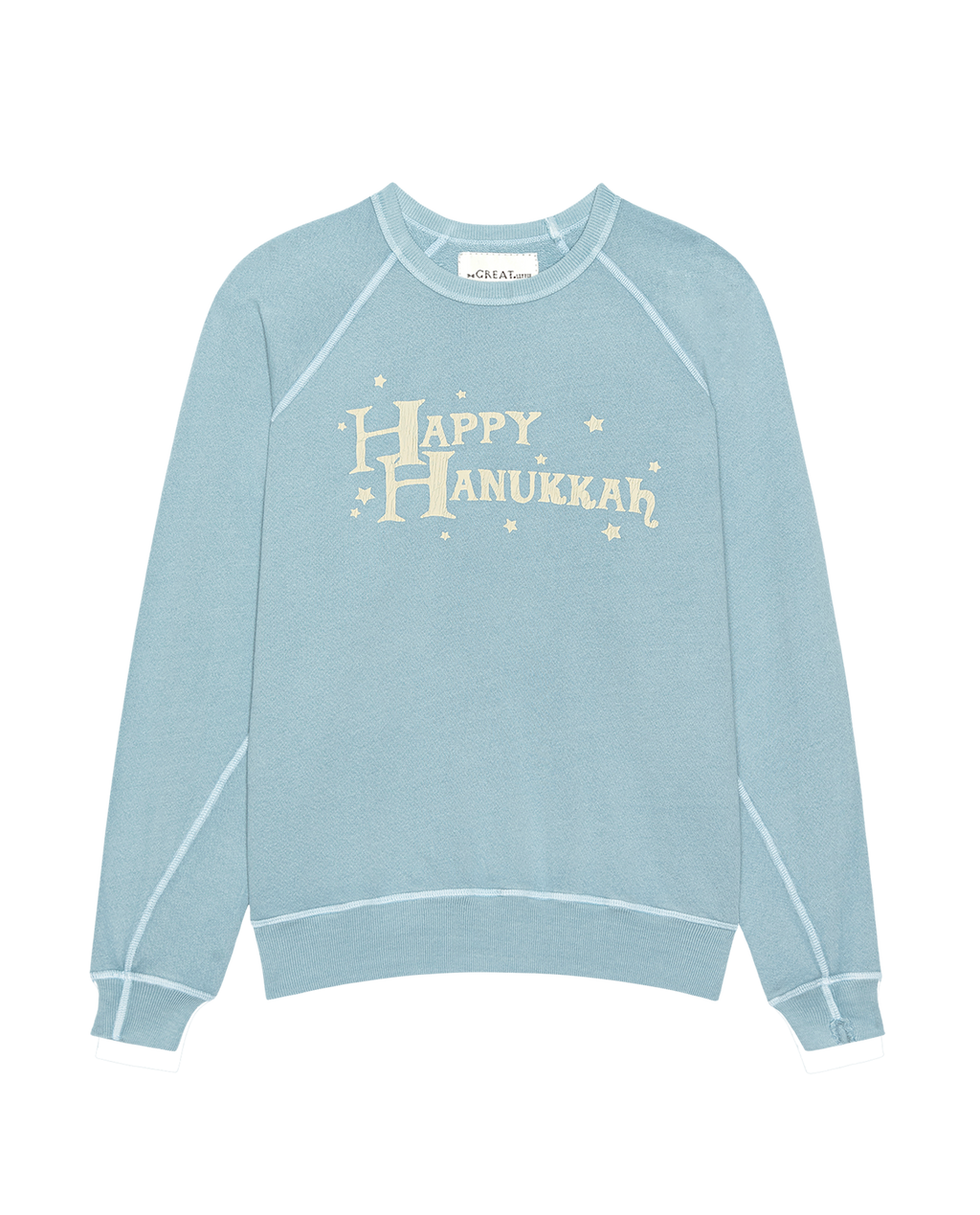 The Little College Sweatshirt. Graphic -- Confection Blue with Happy Hannukah Graphic