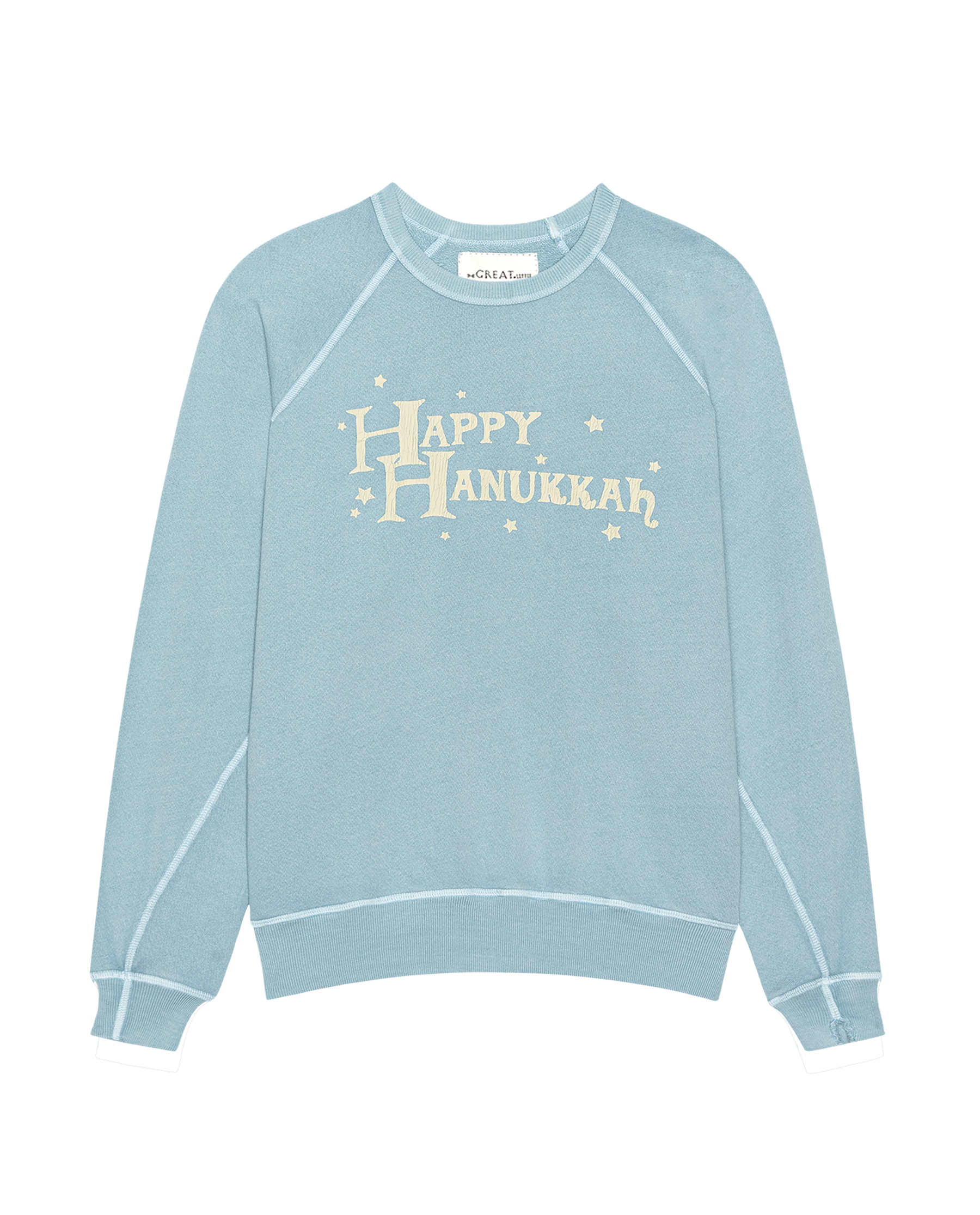 The Little College Sweatshirt. Graphic -- Confection Blue with Happy Hannukah Graphic