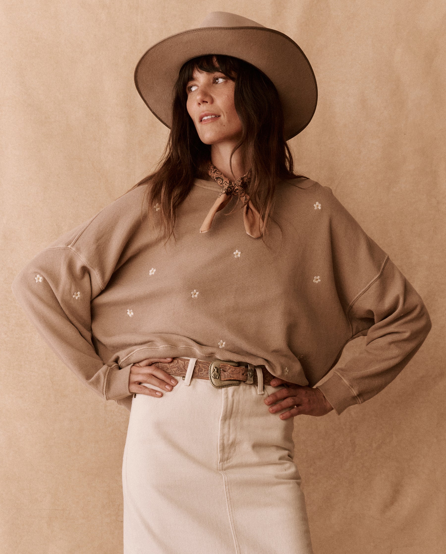 The Slouch Sweatshirt. Embroidered -- Khaki with Daisy Embroidery