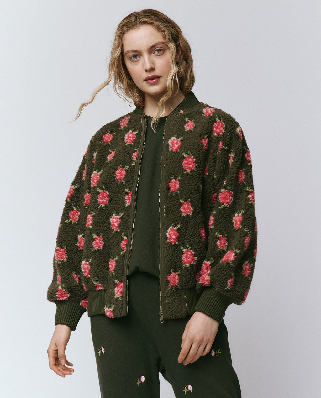 The Zip Front Plush Bomber. -- Woodland Green