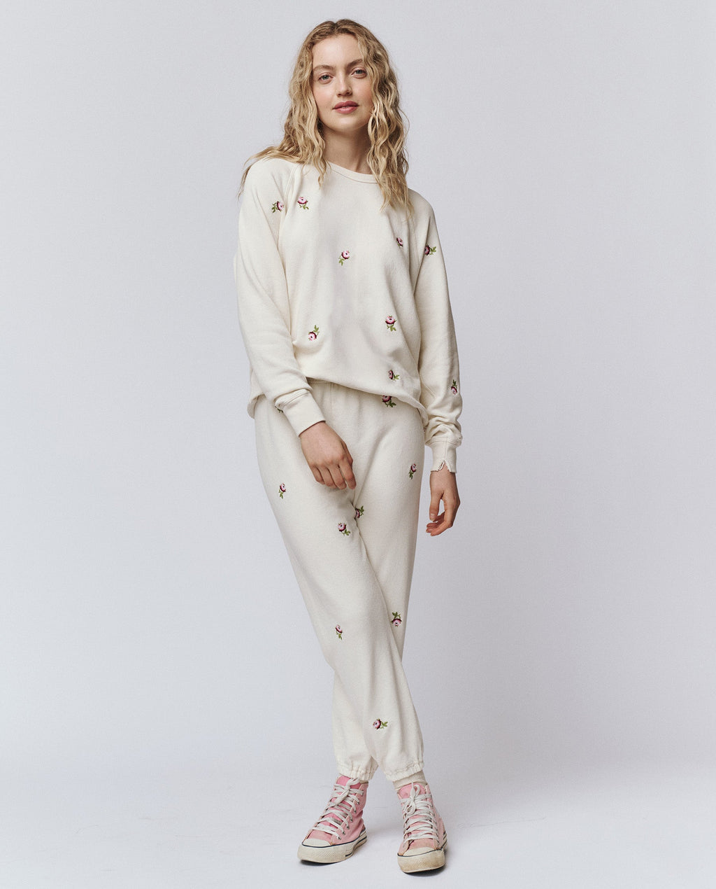The Stadium Sweatpant. Embroidered -- Washed White With Embroidered Roses