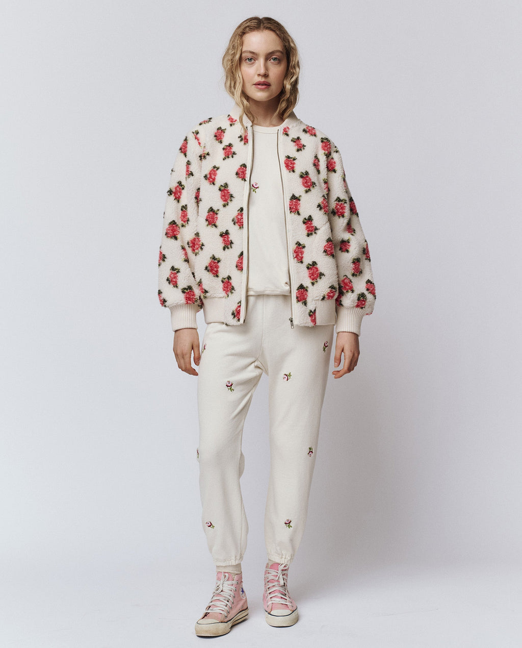 The Zip Front Plush Bomber. -- Cream Rose