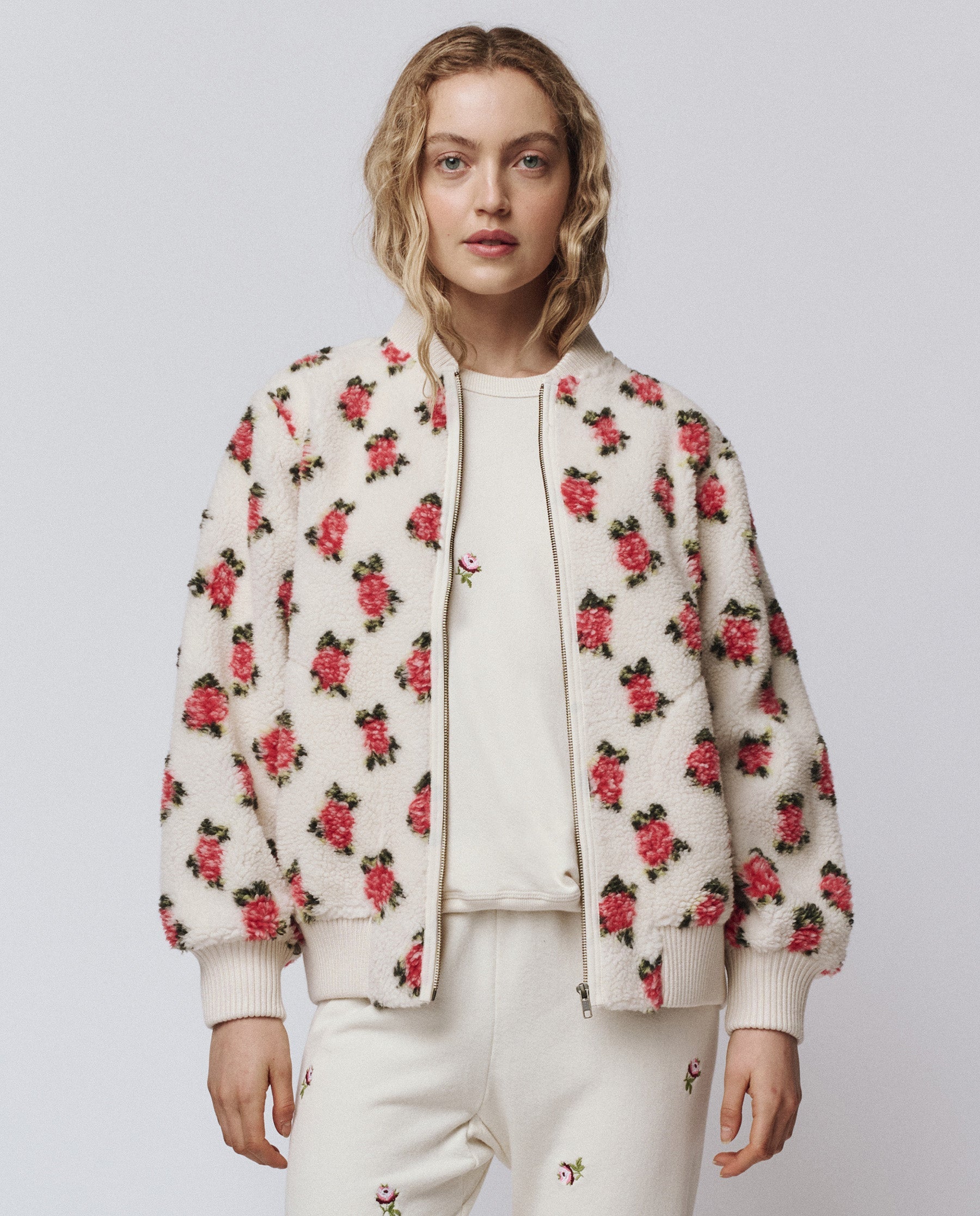 The Zip Front Plush Bomber. -- Cream Rose