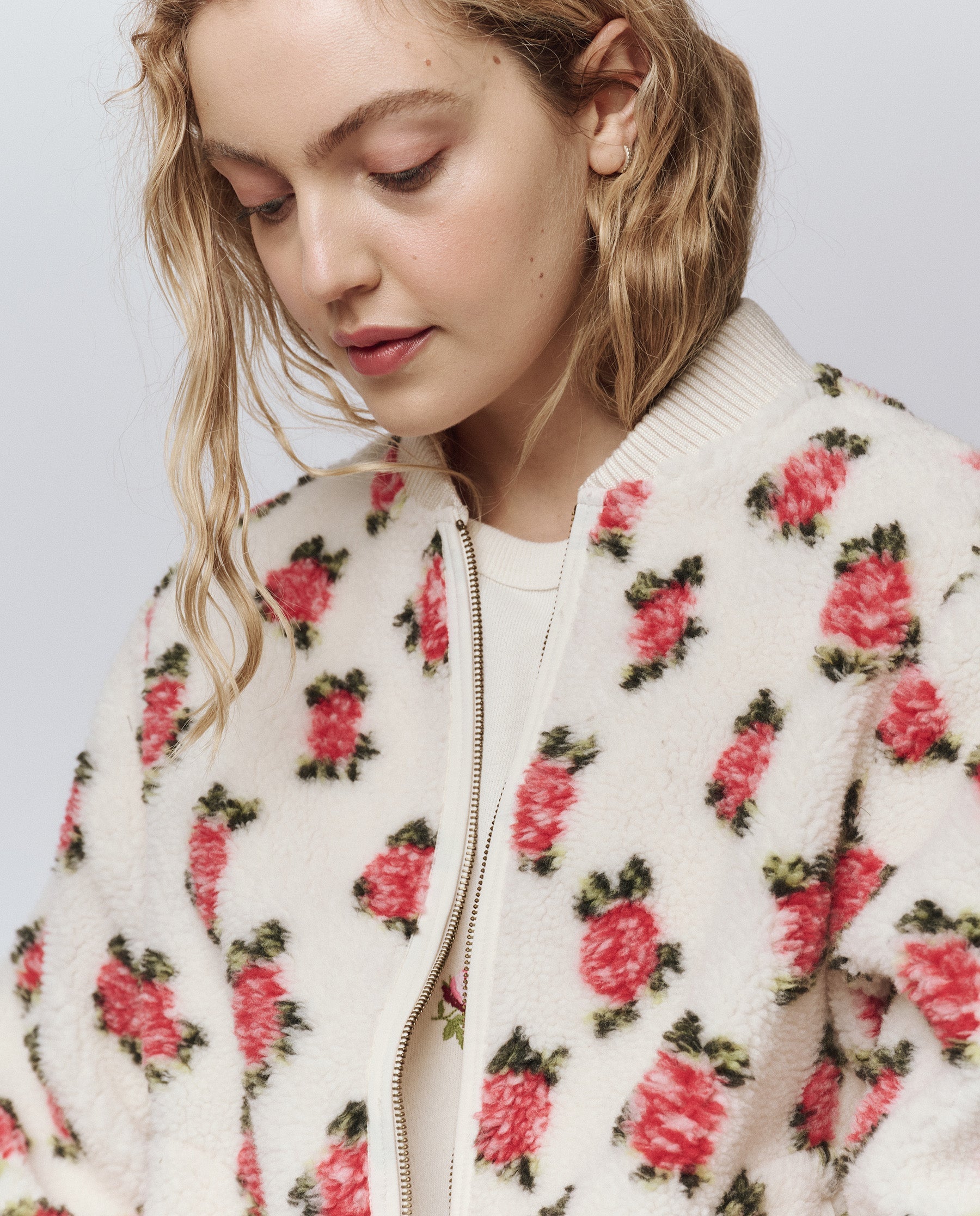 The Zip Front Plush Bomber. -- Cream Rose