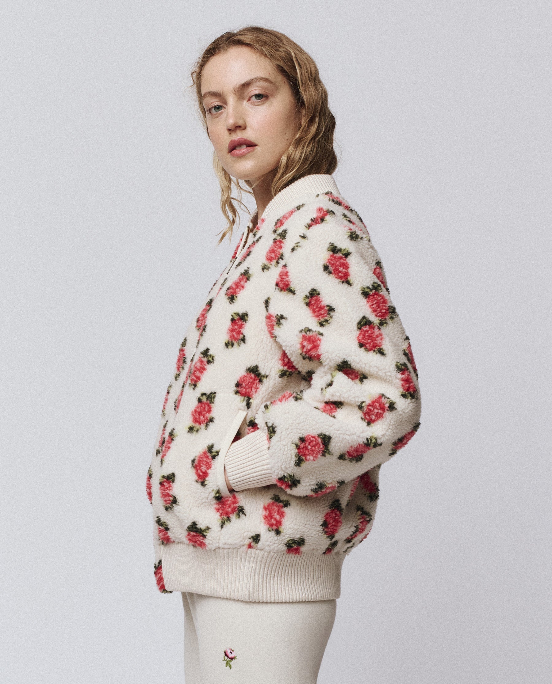 The Zip Front Plush Bomber. -- Cream Rose