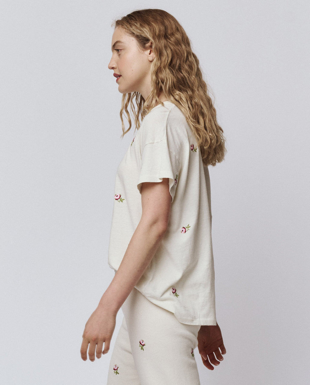 The Boxy Crew. Embroidered -- Washed White With Embroidered Roses