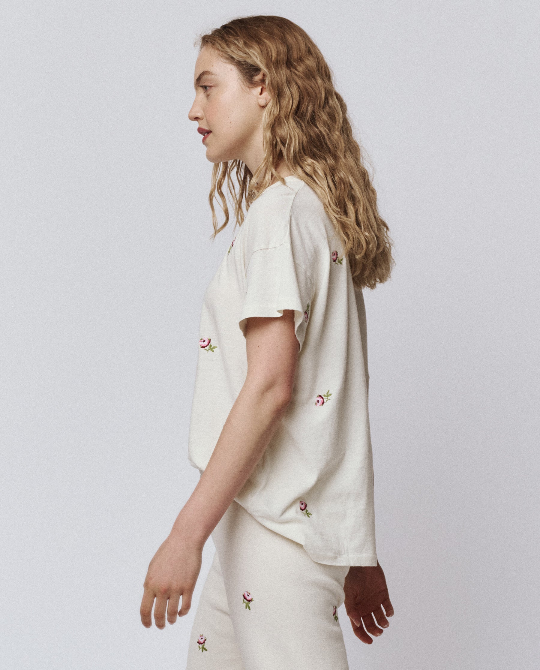 The Boxy Crew. Embroidered -- Washed White With Embroidered Roses