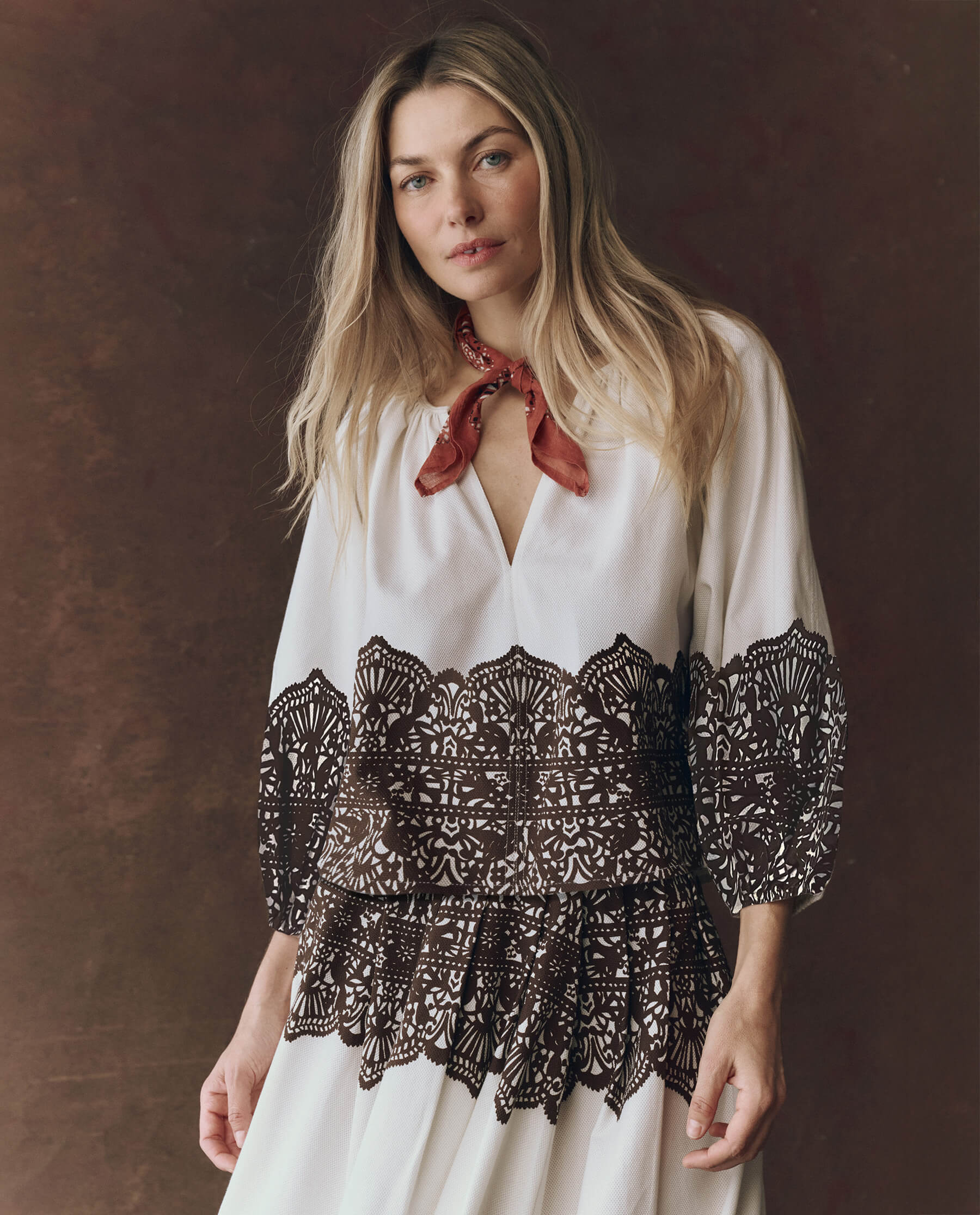 The Chariot Top. -- Cream With Western Lace Print