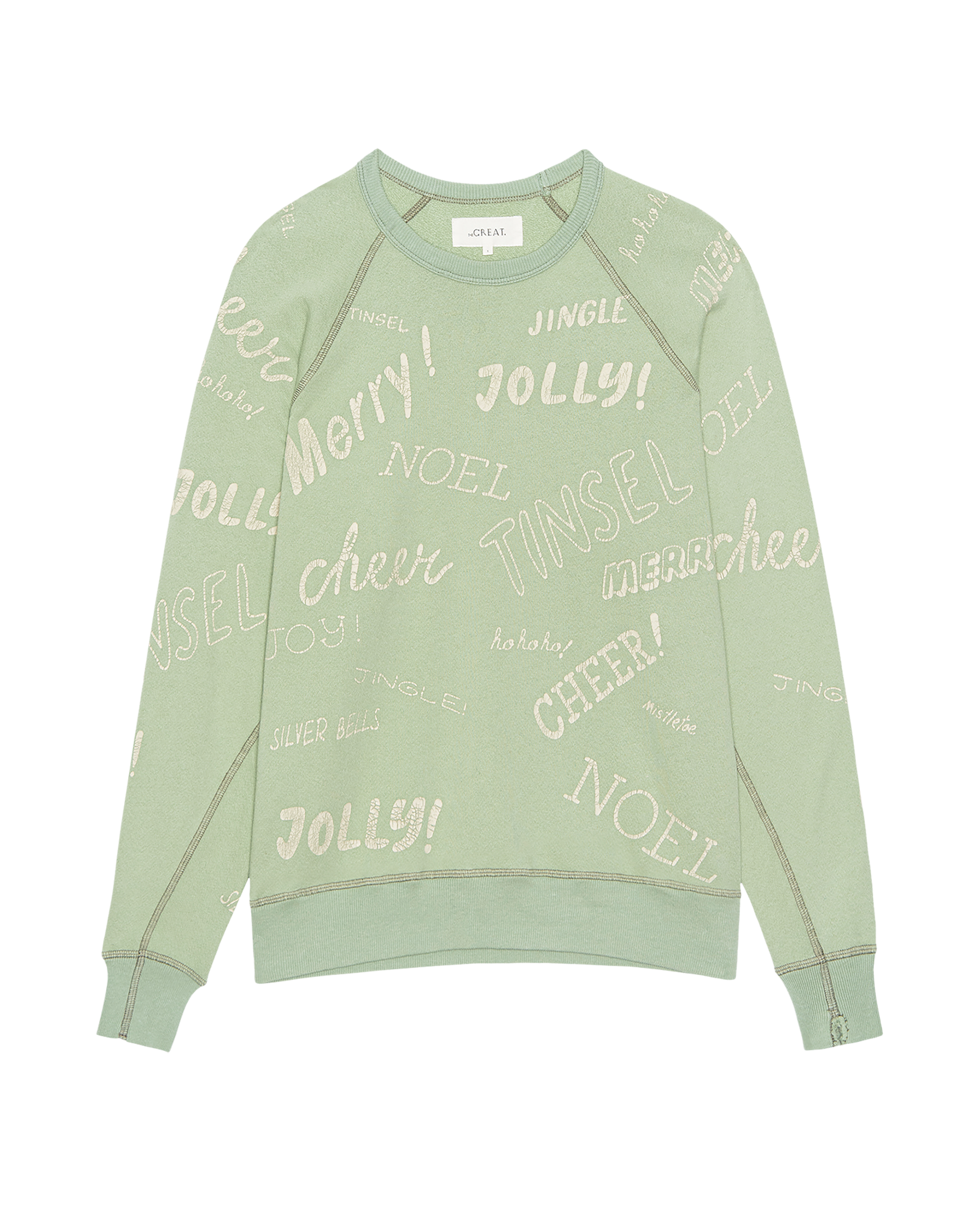 The Men's College Sweatshirt. Graphic -- Vintage Mint with Holiday Greetings Graphic