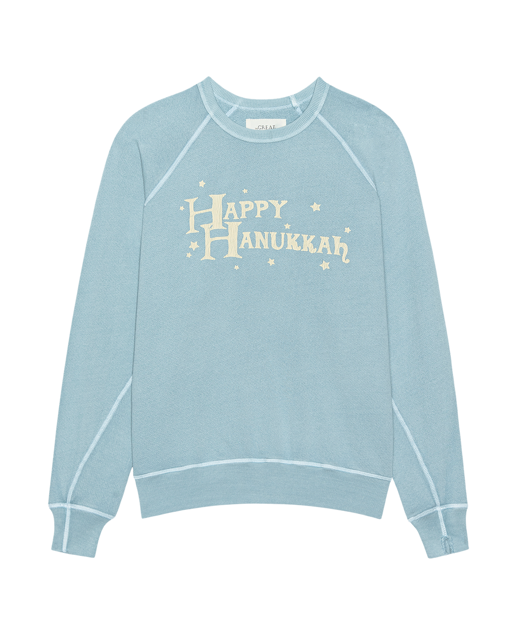 The Men's College Sweatshirt. Graphic -- Confection Blue with Happy Hannukah Graphic