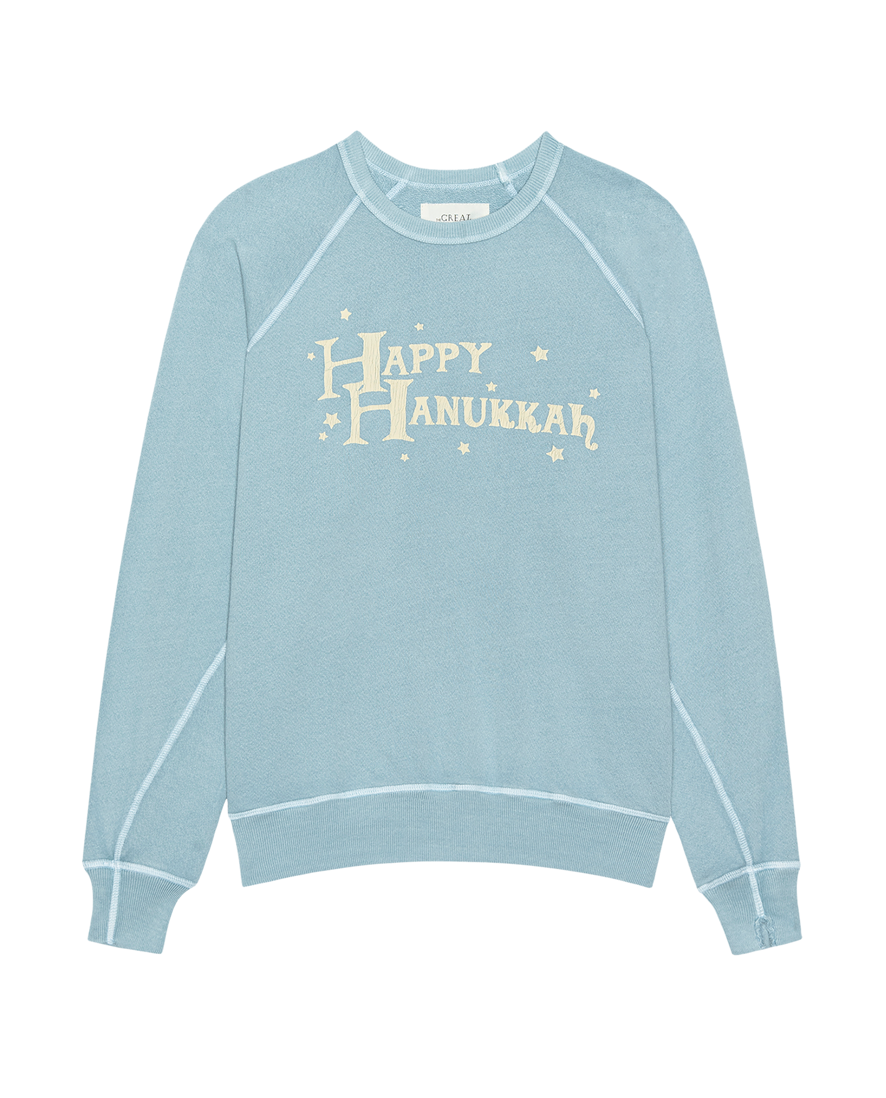 The Men's College Sweatshirt. Graphic -- Confection Blue with Happy Hannukah Graphic