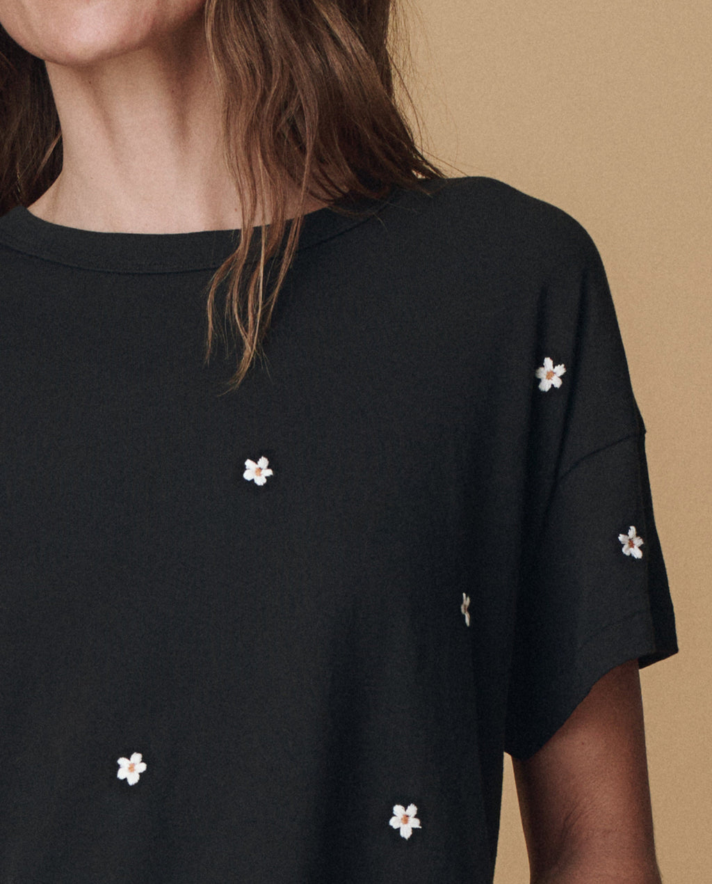 The Boxy Crew. Embroidered -- Almost Black With Daisy Embroidery