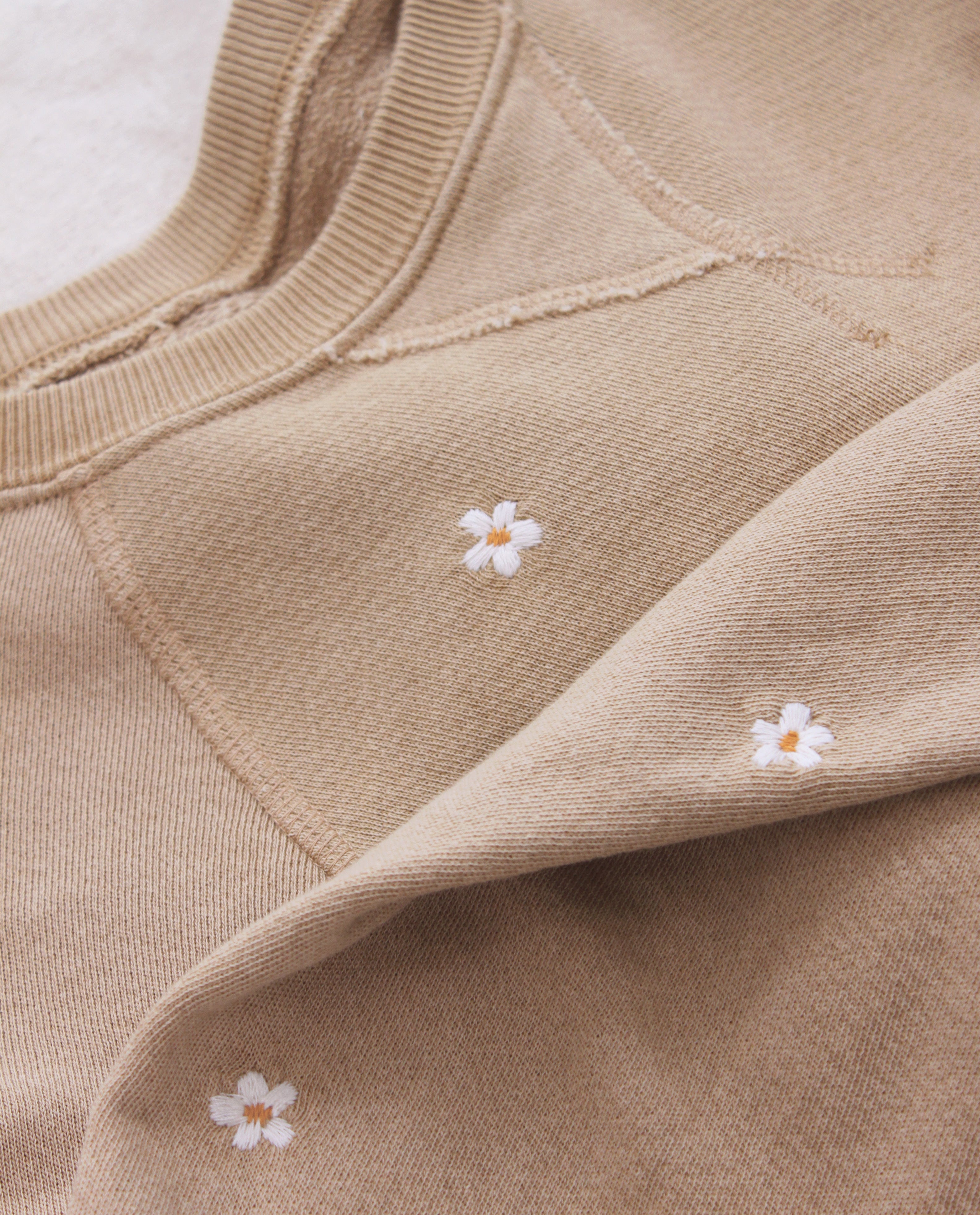 The Slouch Sweatshirt. Embroidered -- Khaki with Daisy Embroidery