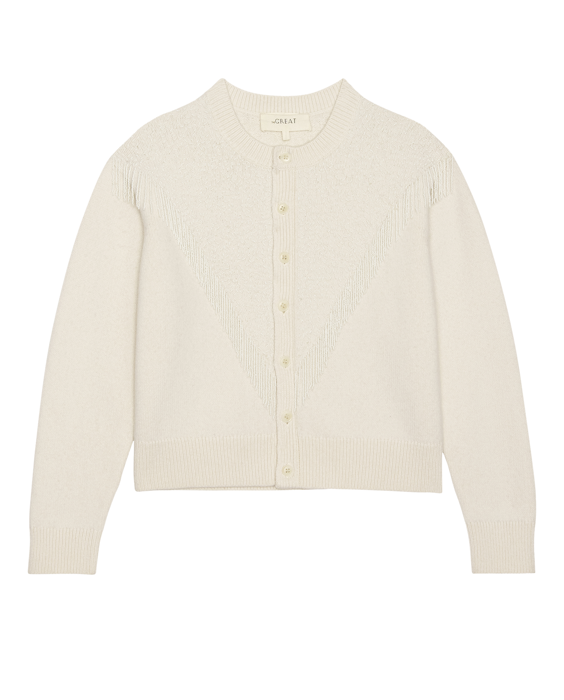 The Beaded Fringe Cardigan. -- Cream