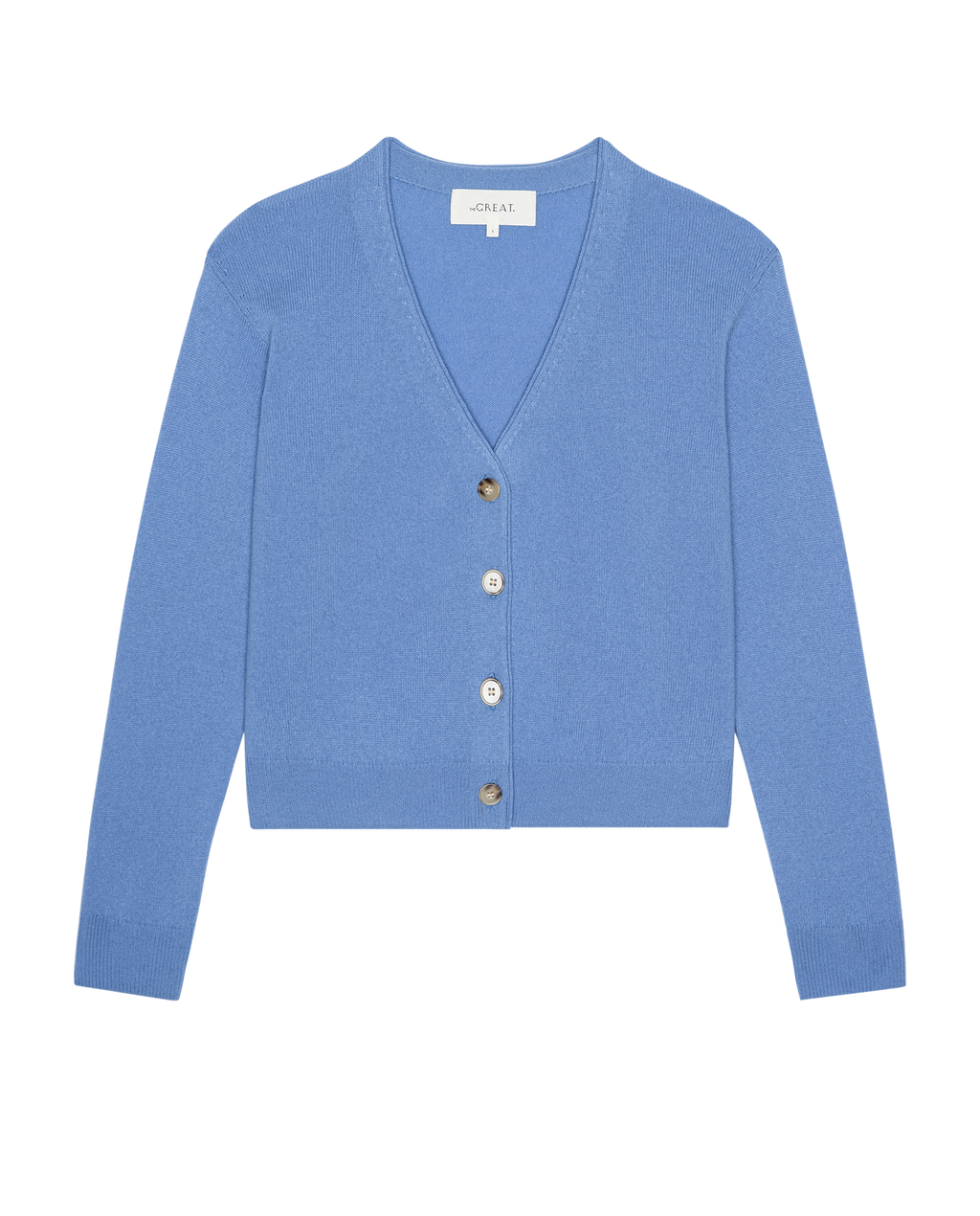 The Cashmere Tiny V Neck Cardigan. -- Soft Blue