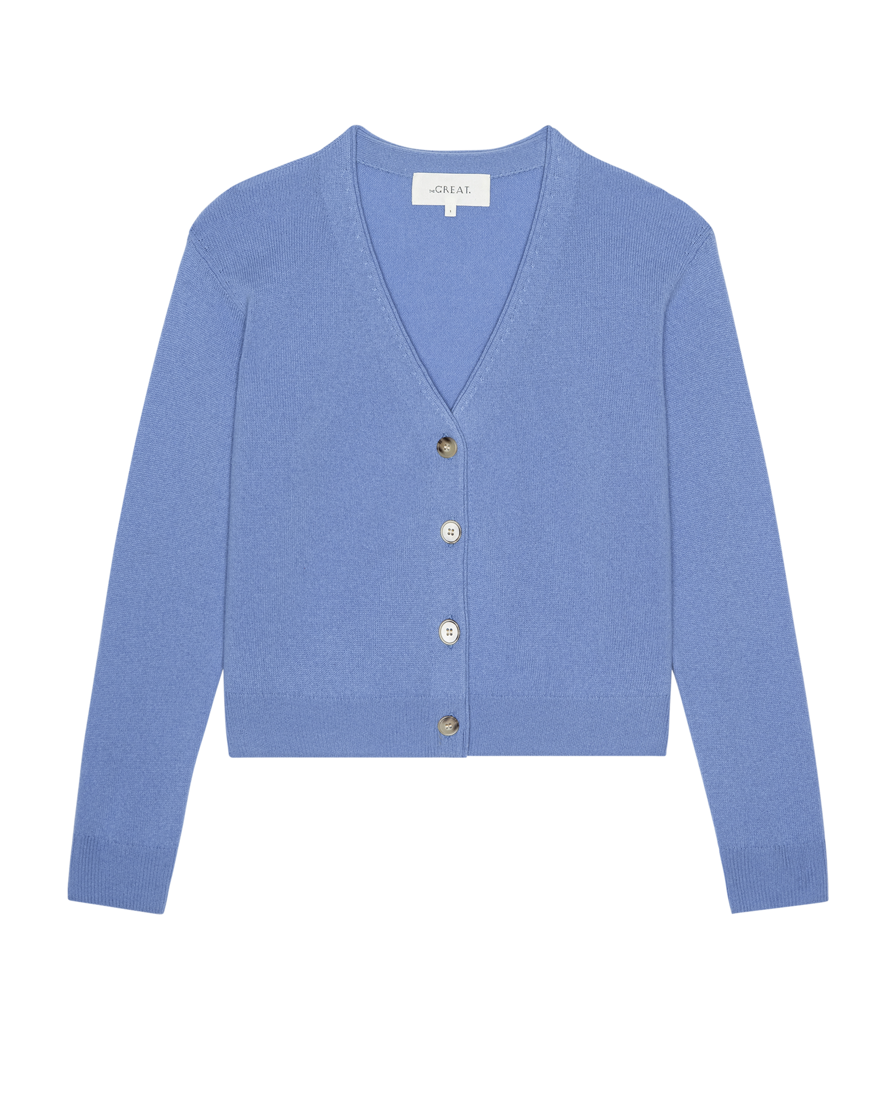 The Cashmere Tiny V Neck Cardigan. -- Soft Blue