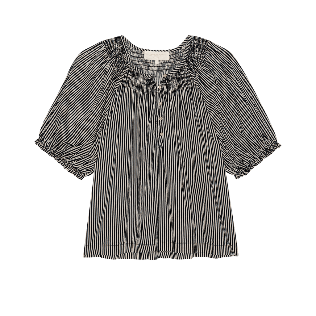 The Smocked Sleep Top. -- Black and Cream Crew Stripe