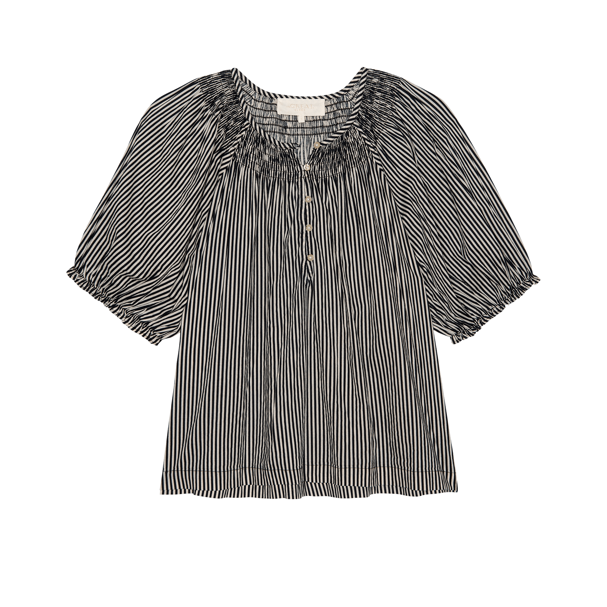 The Smocked Sleep Top. -- Black and Cream Crew Stripe