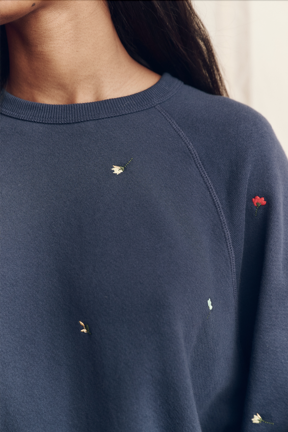 The College Sweatshirt. Embroidered -- Navy with Tossed Floral Embroidery