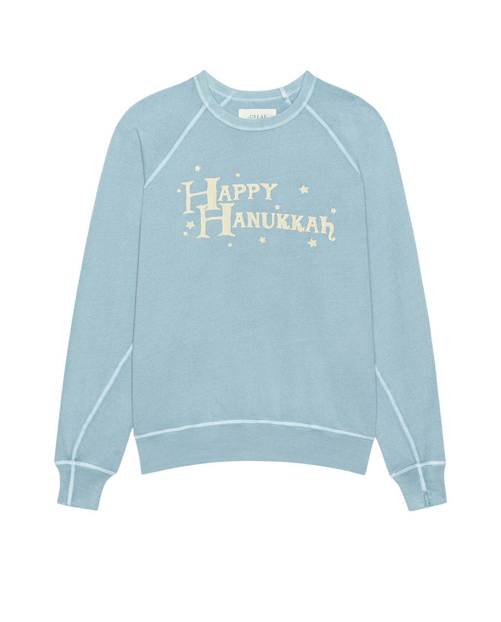 The College Sweatshirt. Graphic -- Confection Blue with Happy Hannukah Graphic