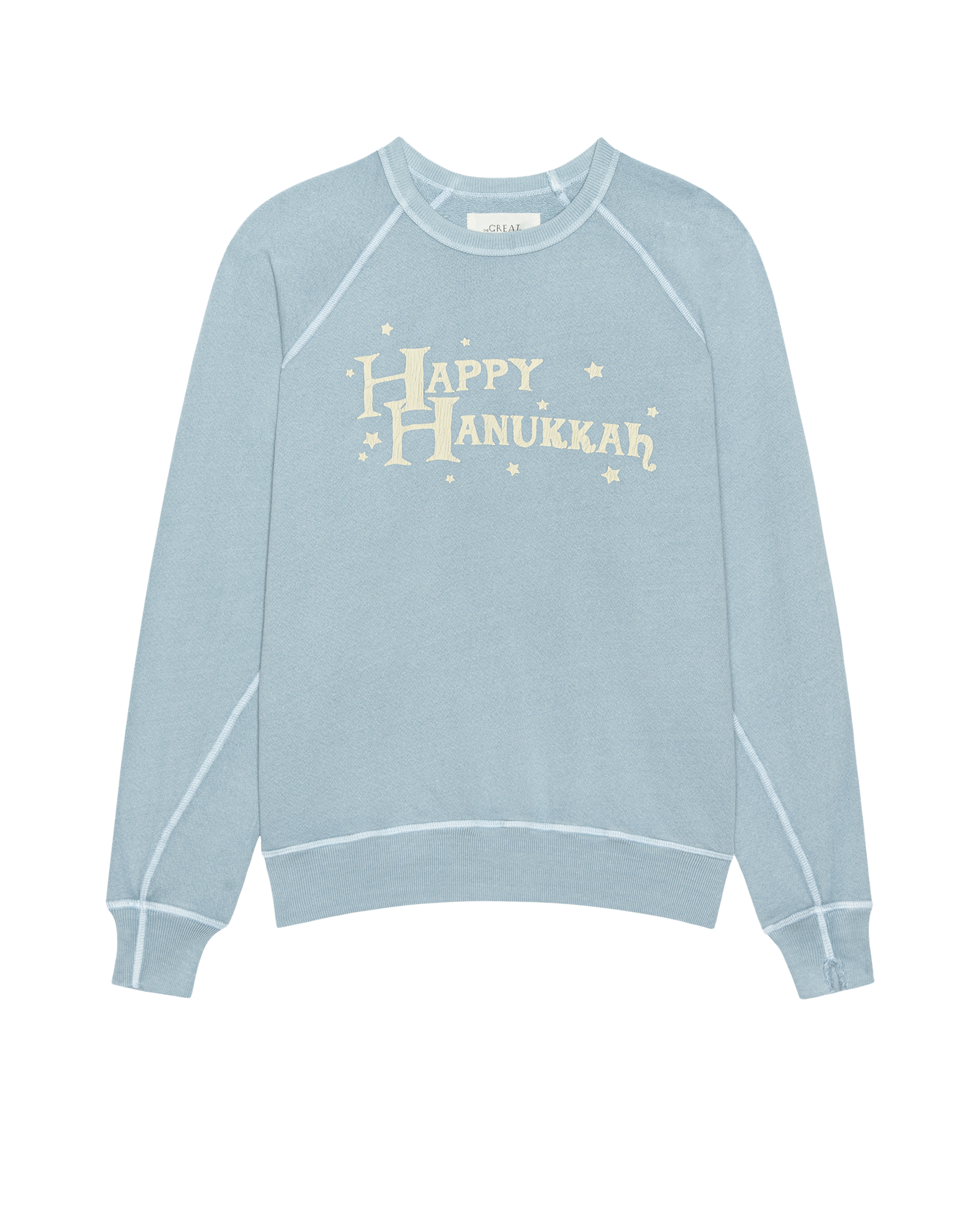 The College Sweatshirt. Graphic -- Confection Blue with Happy Hannukah Graphic