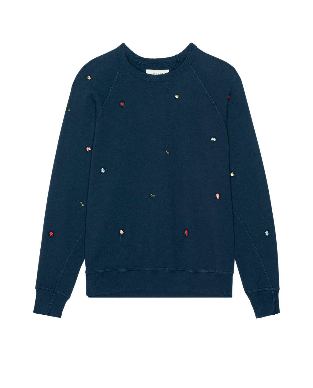 The College Sweatshirt. Embroidered -- Navy with Tossed Floral Embroidery