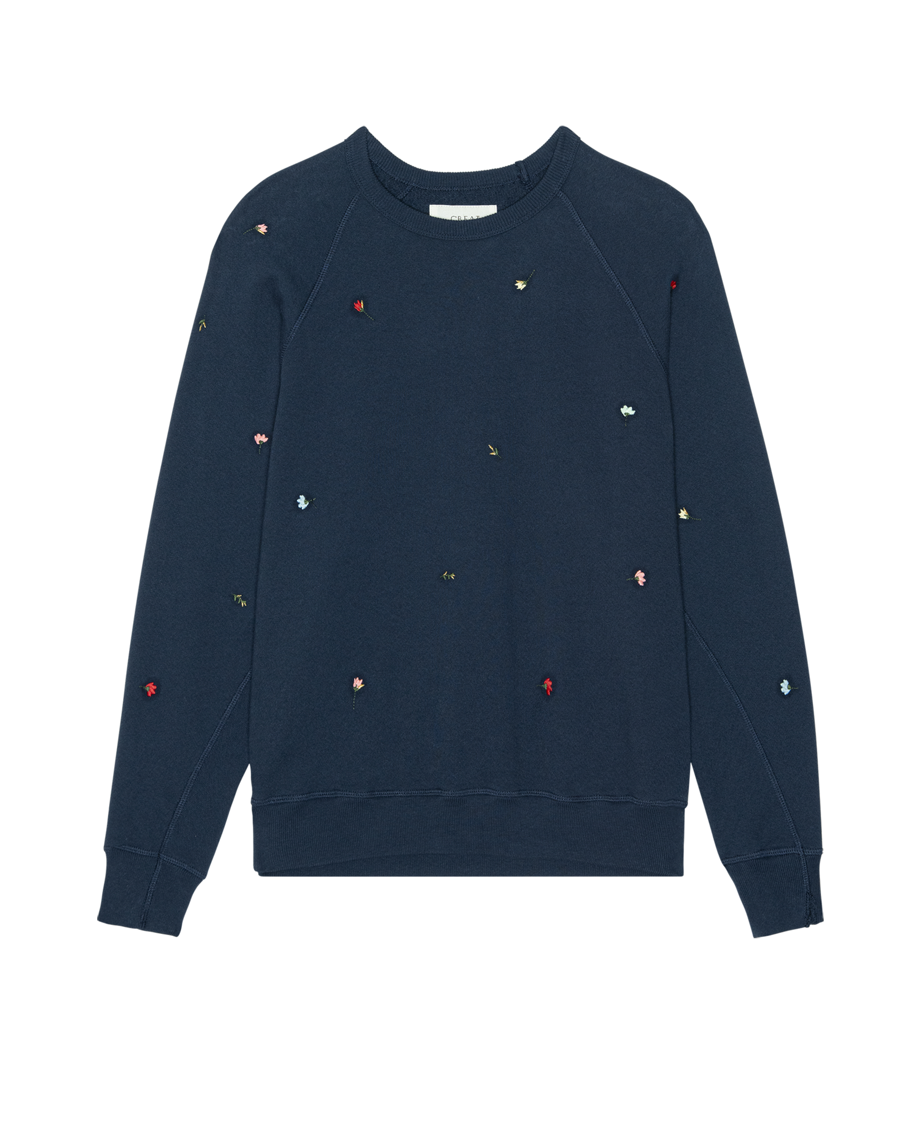 The College Sweatshirt. Embroidered -- Navy with Tossed Floral Embroidery