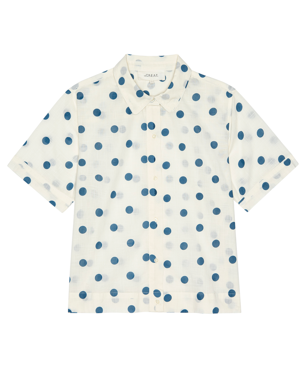 The Messenger Top. -- Cream with Blue Polka Dots