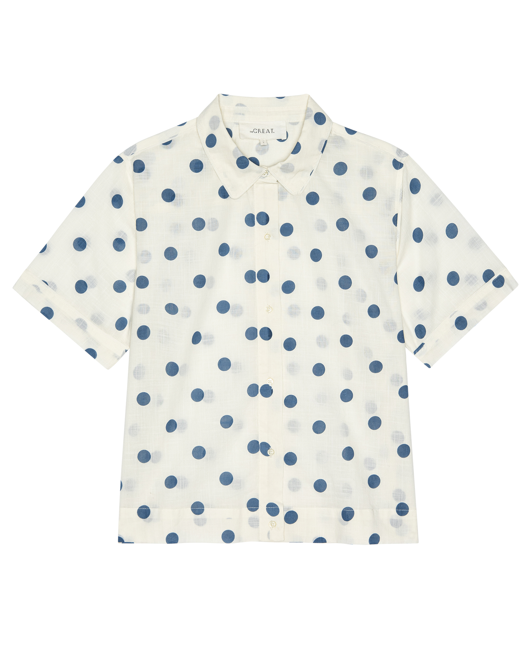 The Messenger Top. -- Cream with Blue Polka Dots