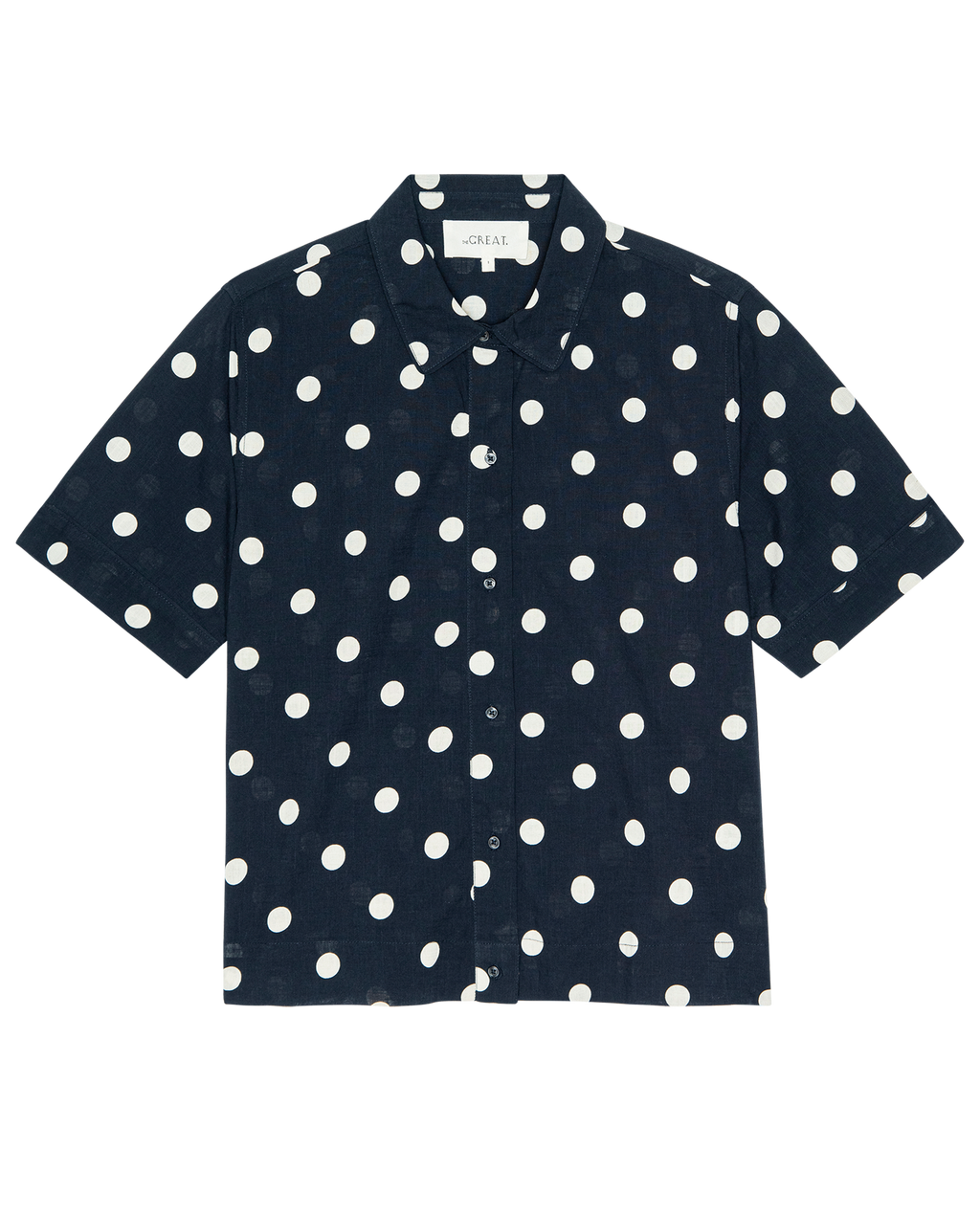 The Messenger Top. -- Navy with Cream Polka Dots