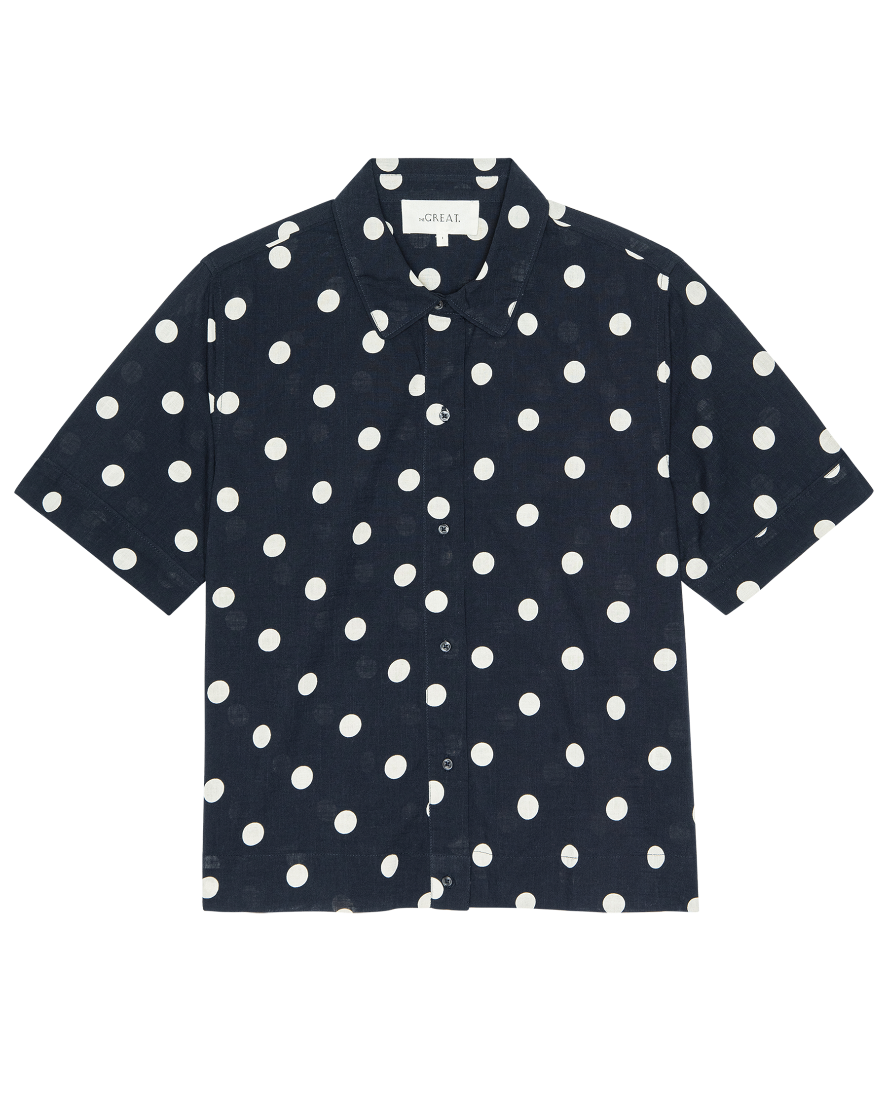 The Messenger Top. -- Navy with Cream Polka Dots