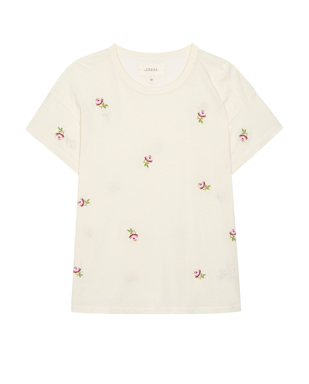 The Boxy Crew. Embroidered -- Washed White With Embroidered Roses