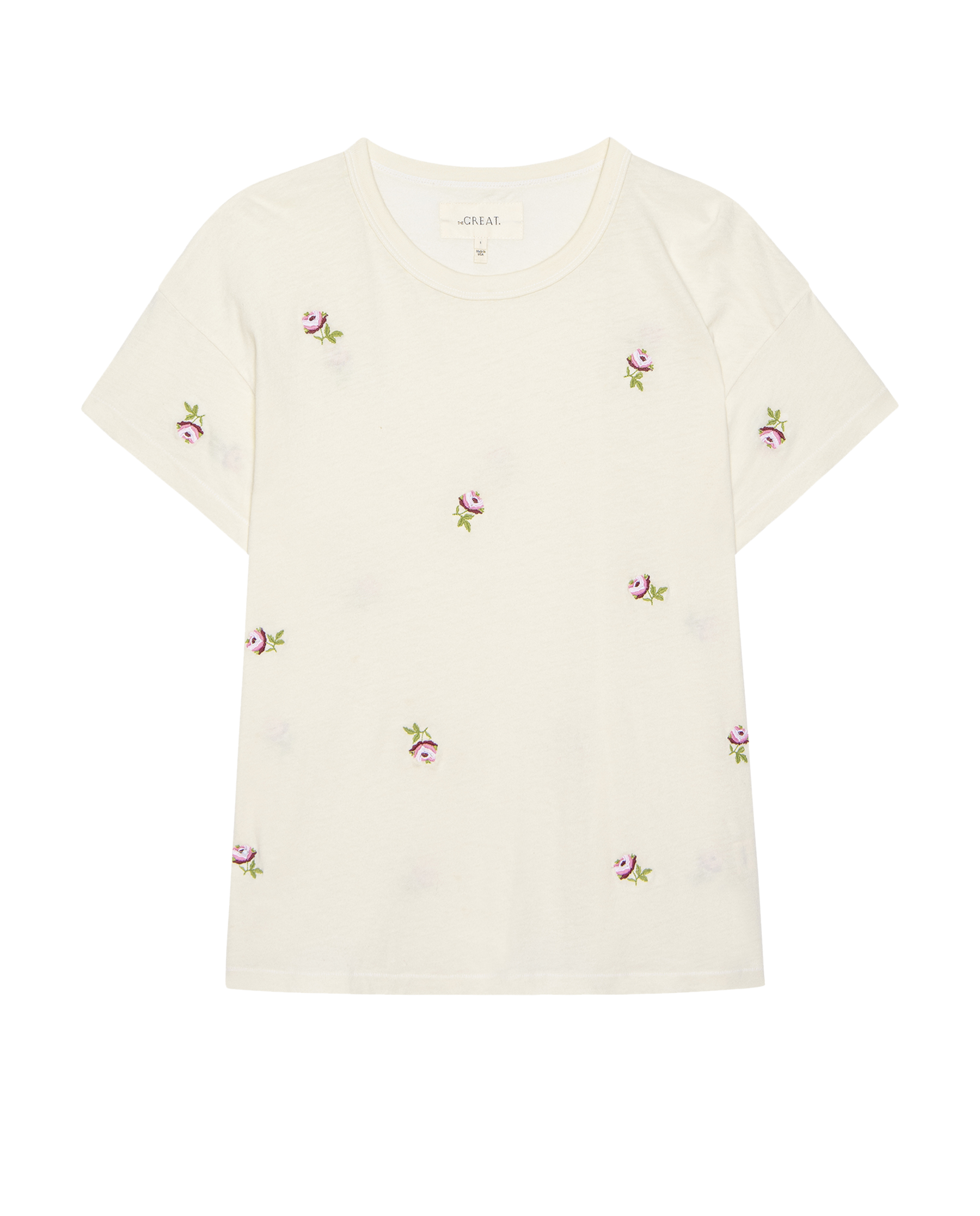 The Boxy Crew. Embroidered -- Washed White With Embroidered Roses