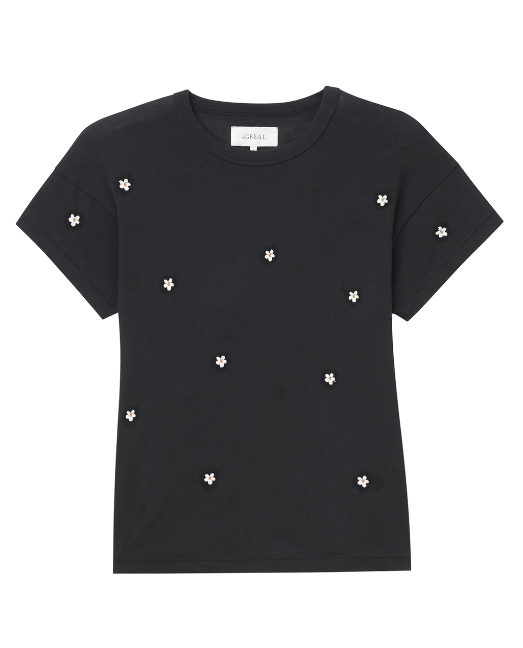 The Boxy Crew. Embroidered -- Almost Black With Daisy Embroidery