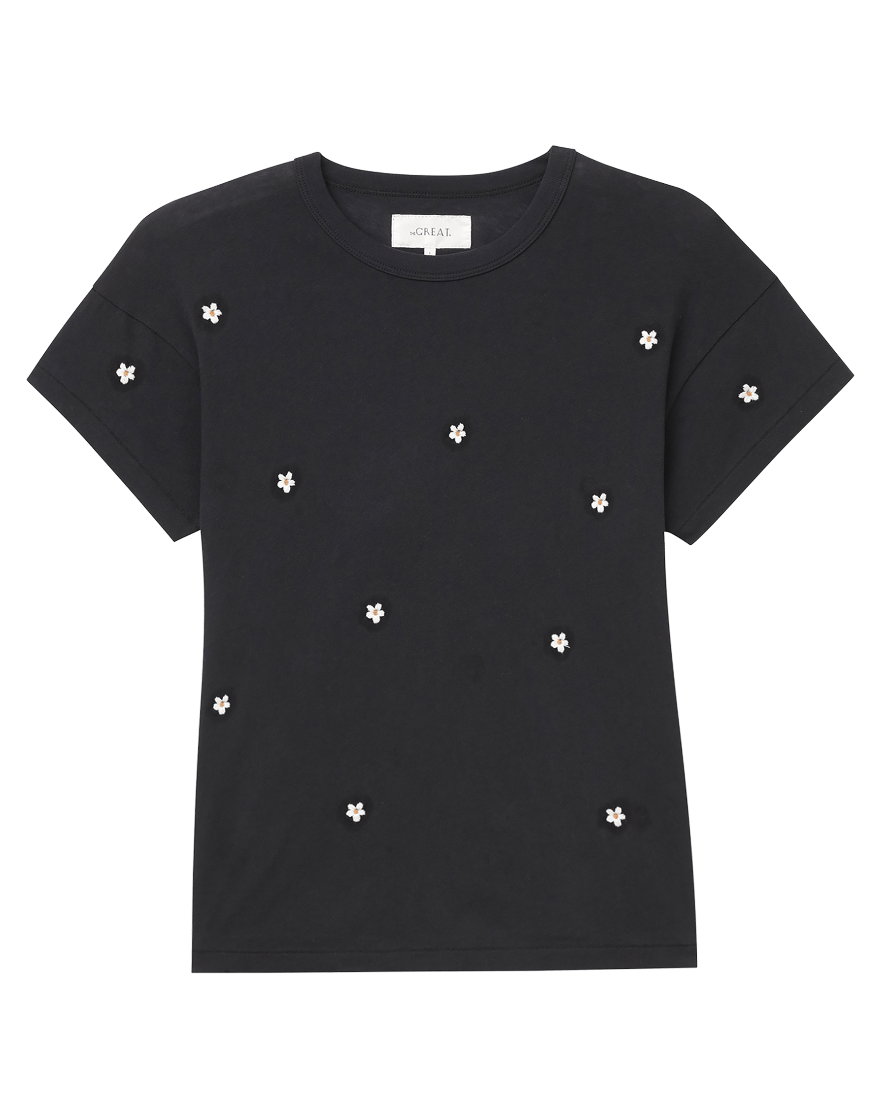 The Boxy Crew. Embroidered -- Almost Black With Daisy Embroidery