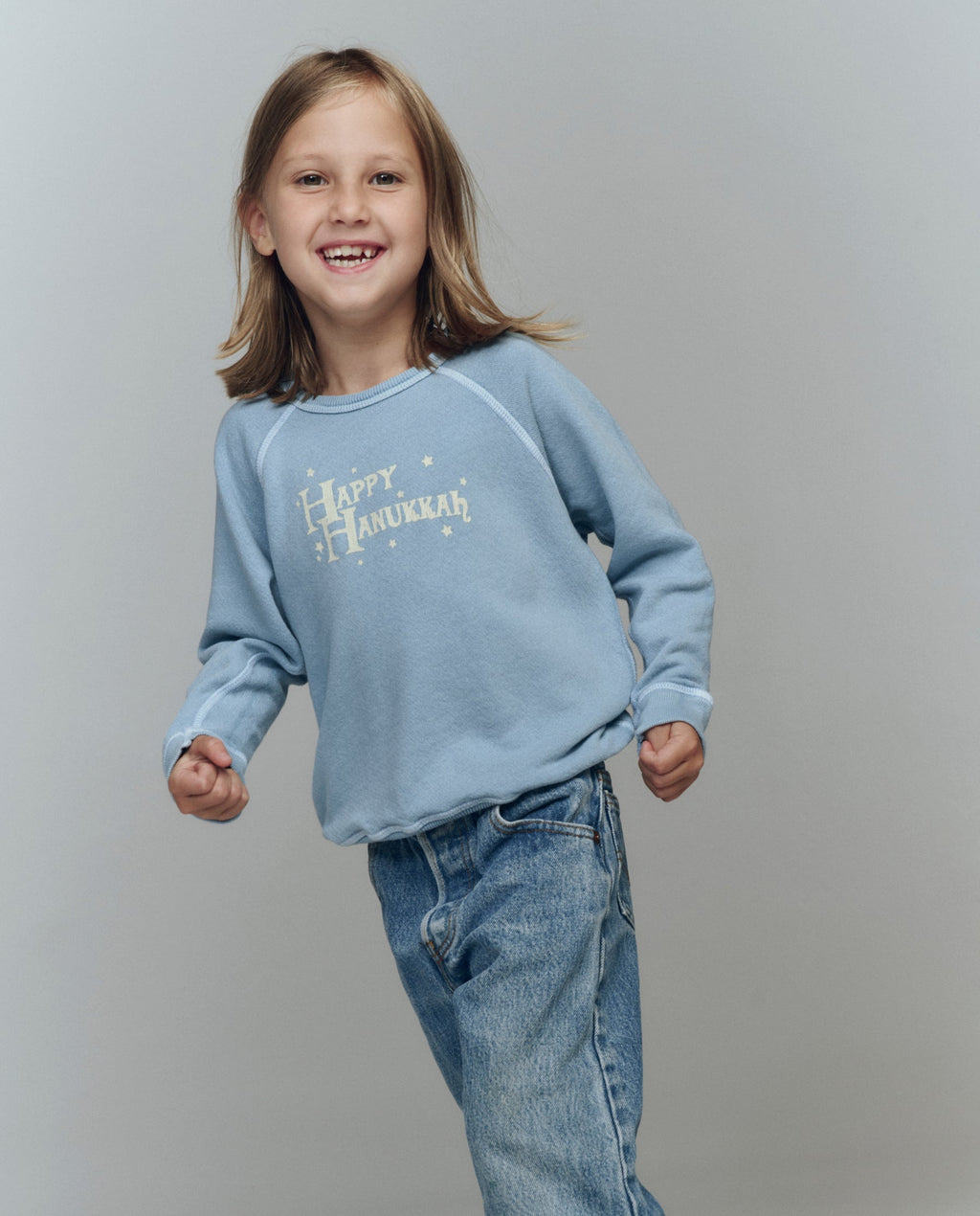 The Little College Sweatshirt. Graphic -- Confection Blue with Happy Hannukah Graphic