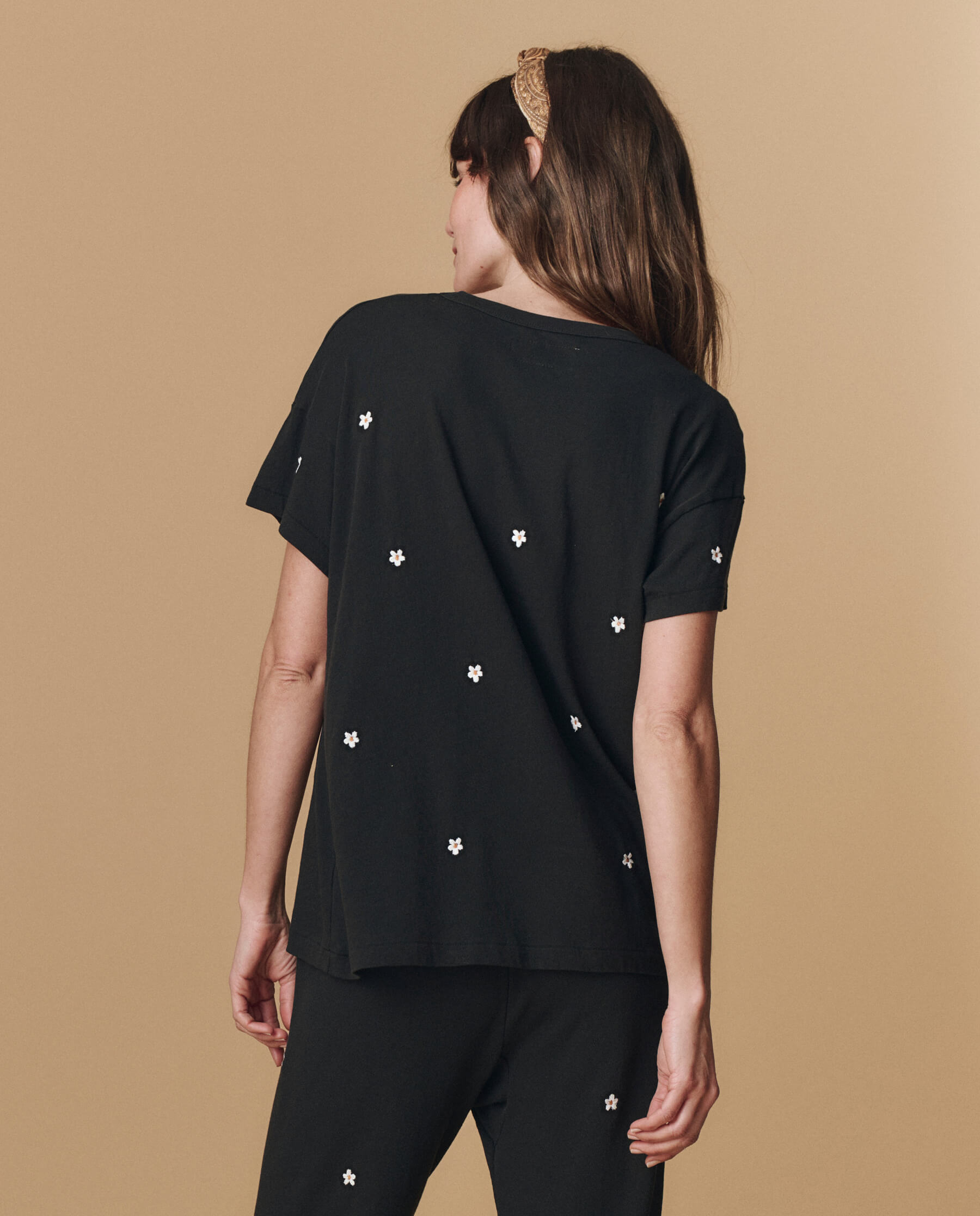 The Boxy Crew. Embroidered -- Almost Black With Daisy Embroidery