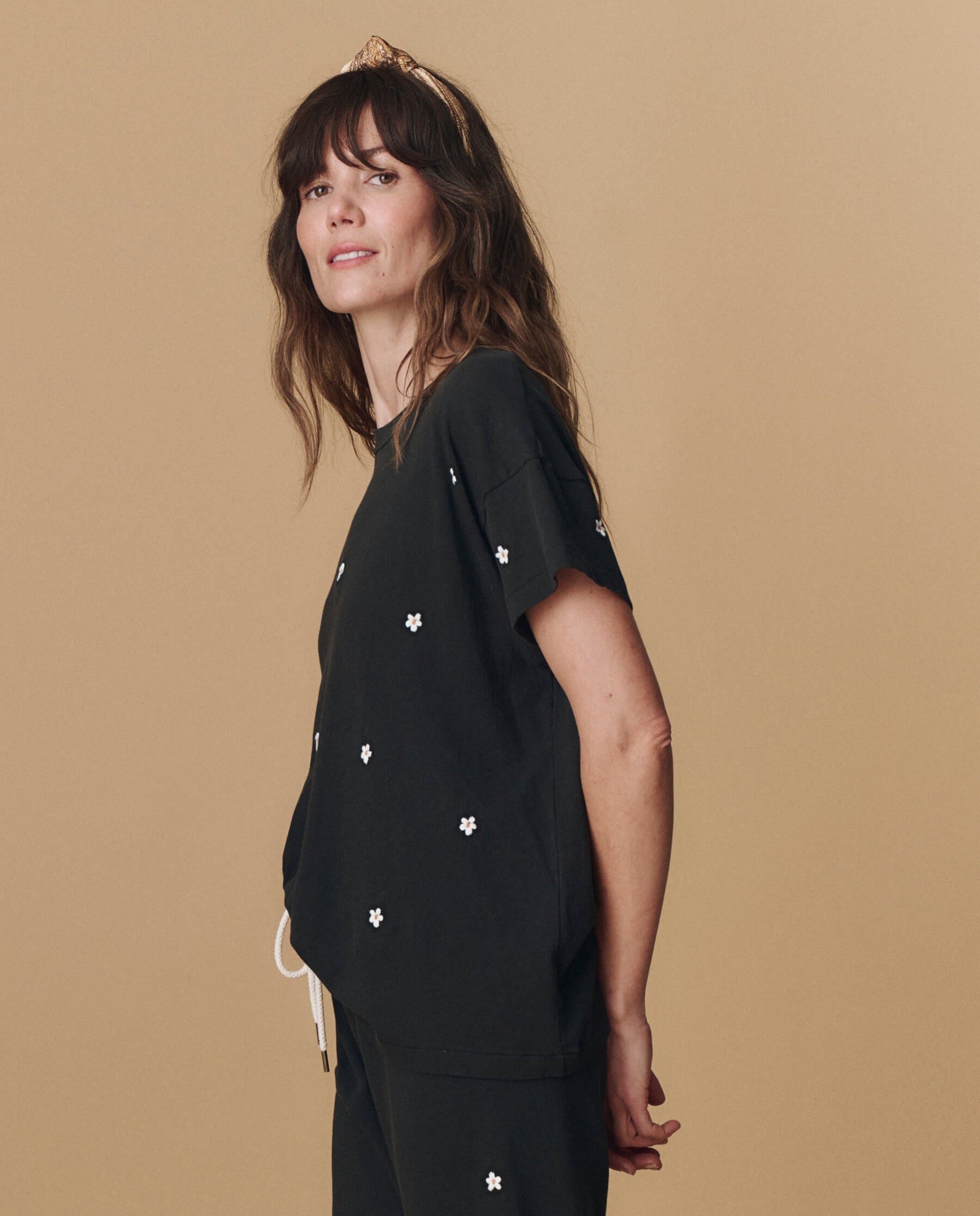 The Boxy Crew. Embroidered -- Almost Black With Daisy Embroidery