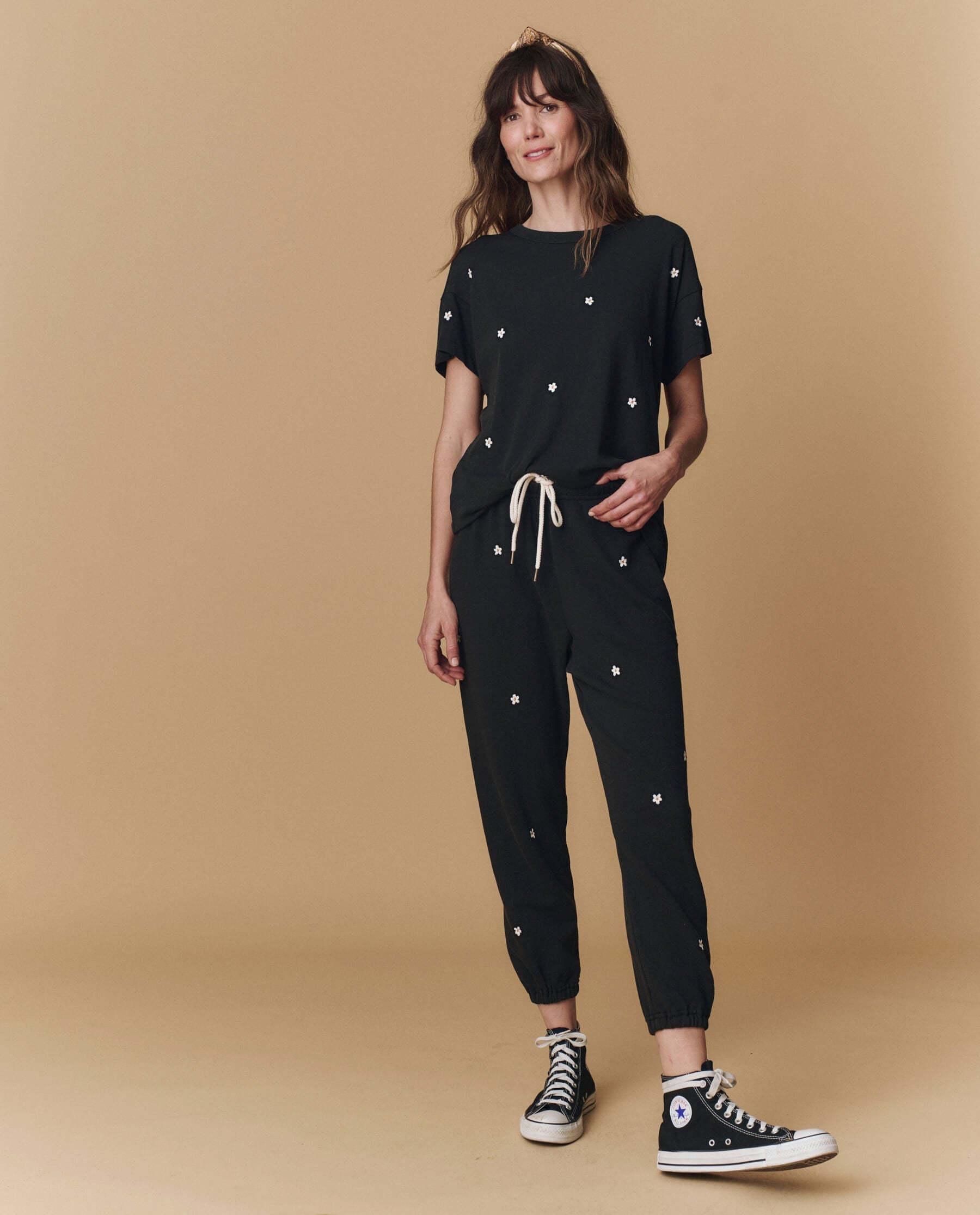 The Boxy Crew. Embroidered -- Almost Black With Daisy Embroidery