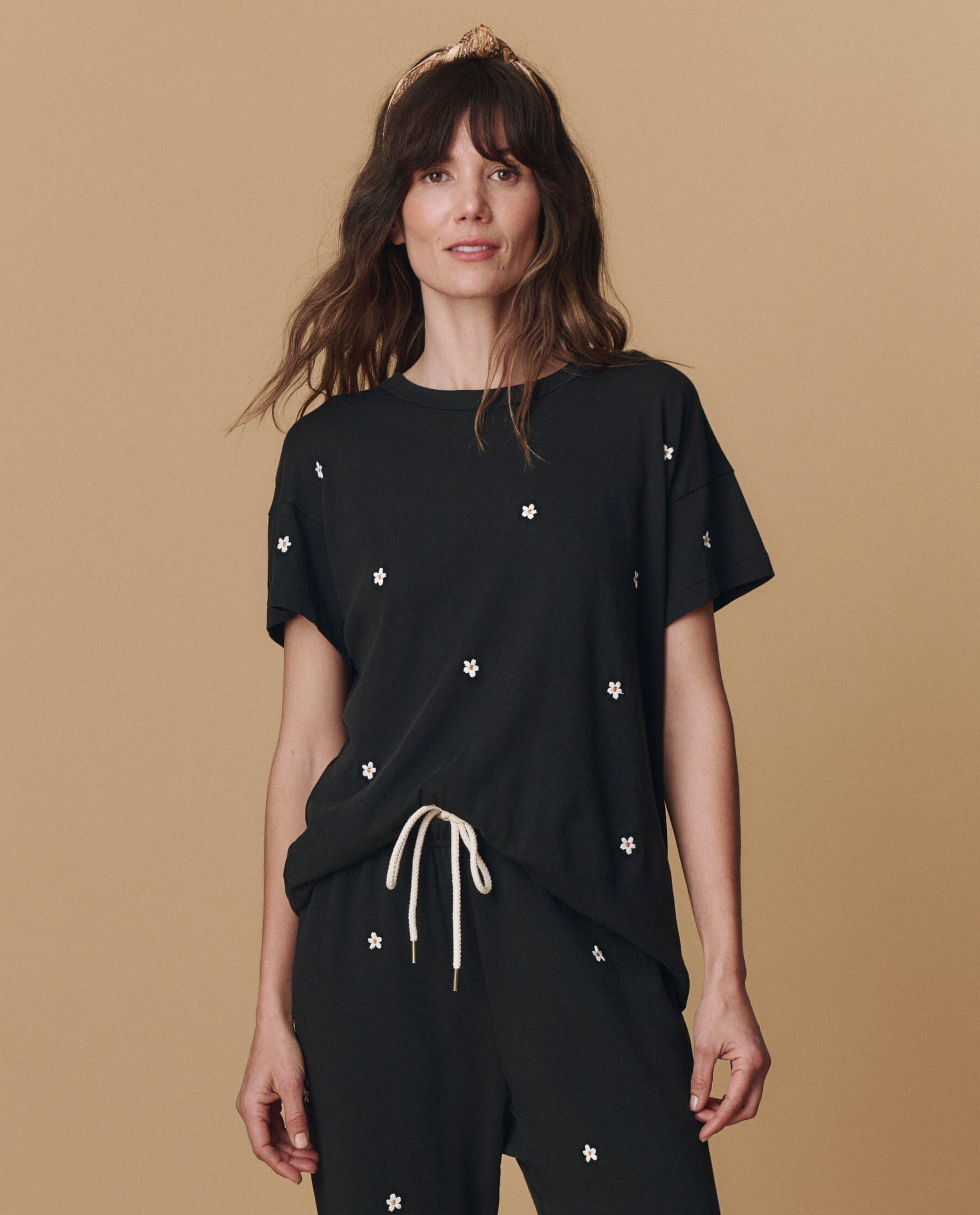 The Boxy Crew. Embroidered -- Almost Black With Daisy Embroidery