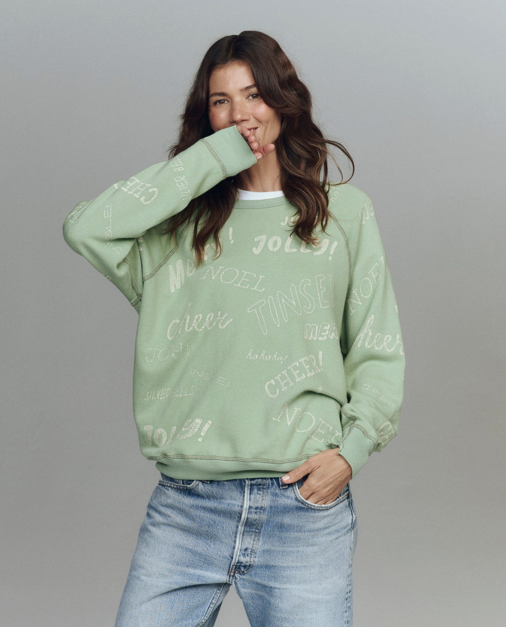 The College Sweatshirt. Graphic -- Vintage Mint with Holiday Greetings Graphic