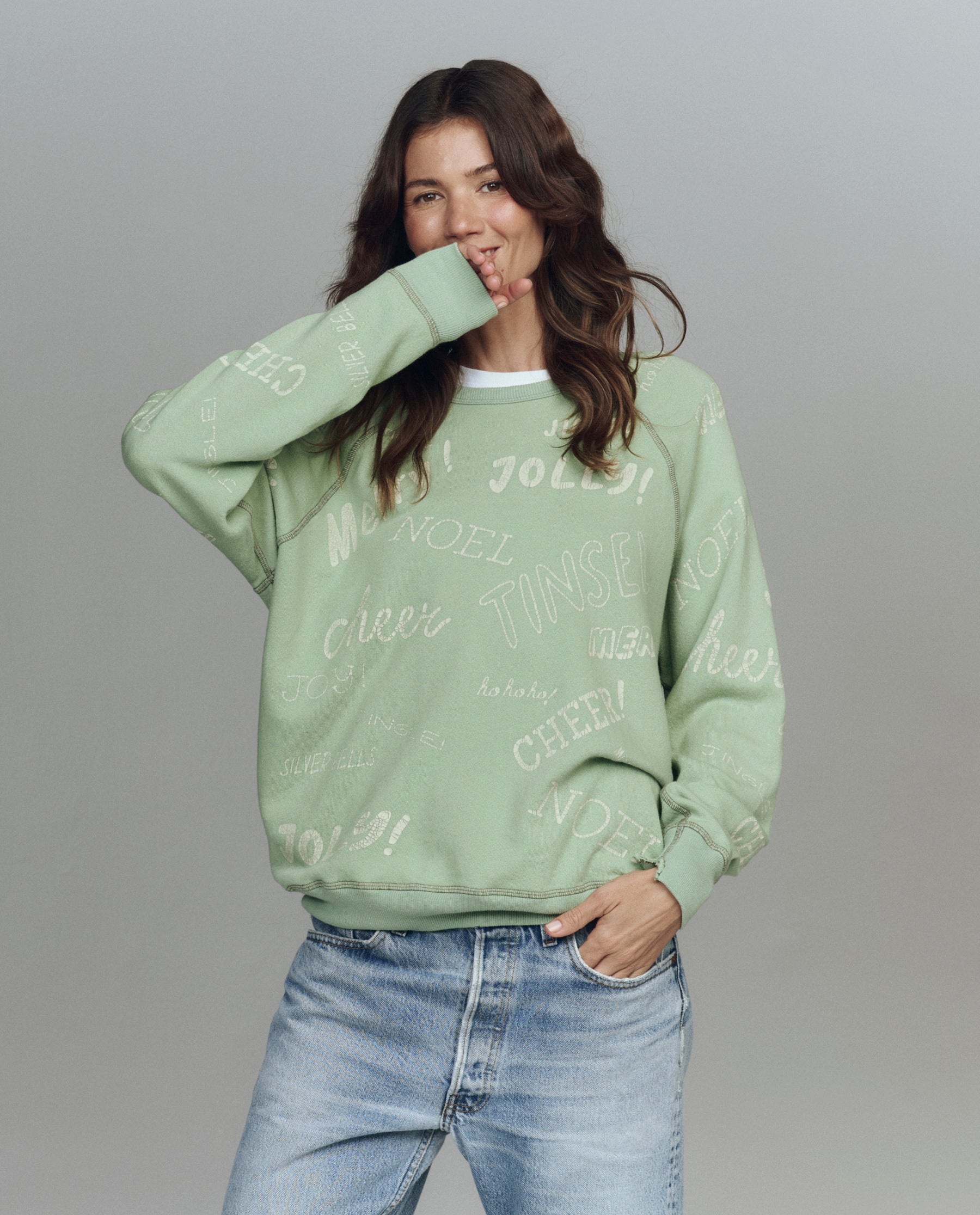 The College Sweatshirt. Graphic -- Vintage Mint with Holiday Greetings Graphic