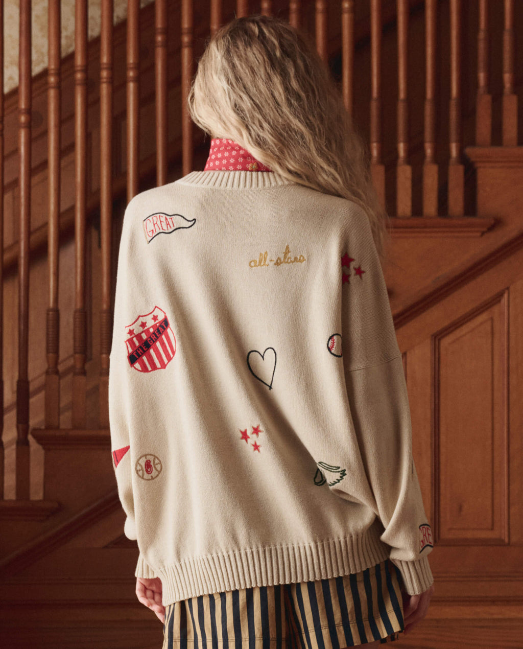 The Embroidered Oversize Crew Pullover. -- Cream