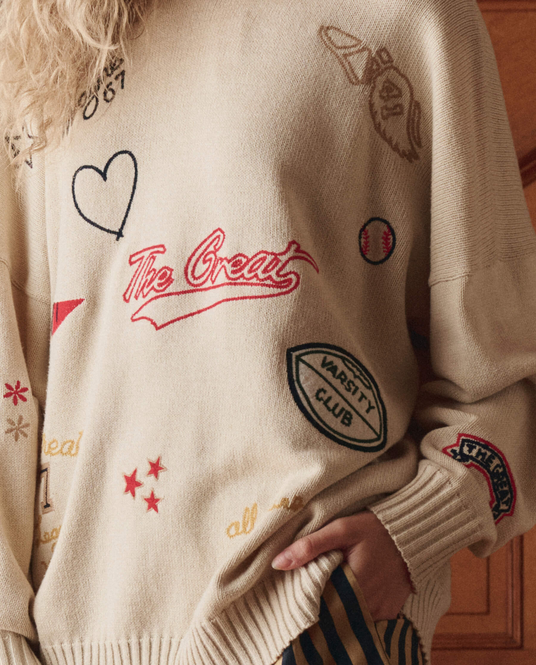 The Embroidered Oversize Crew Pullover. -- Cream