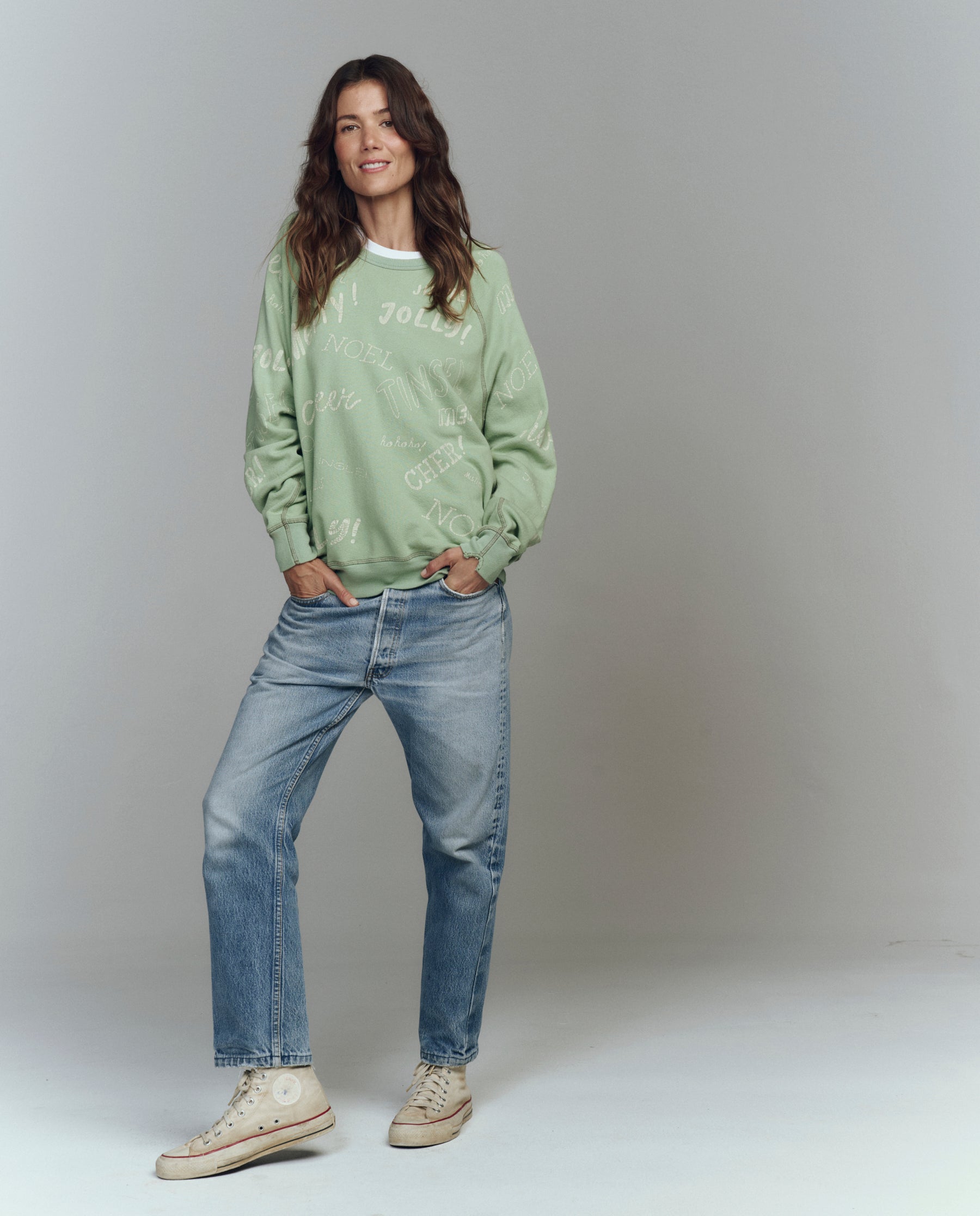 The College Sweatshirt. Graphic -- Vintage Mint with Holiday Greetings Graphic