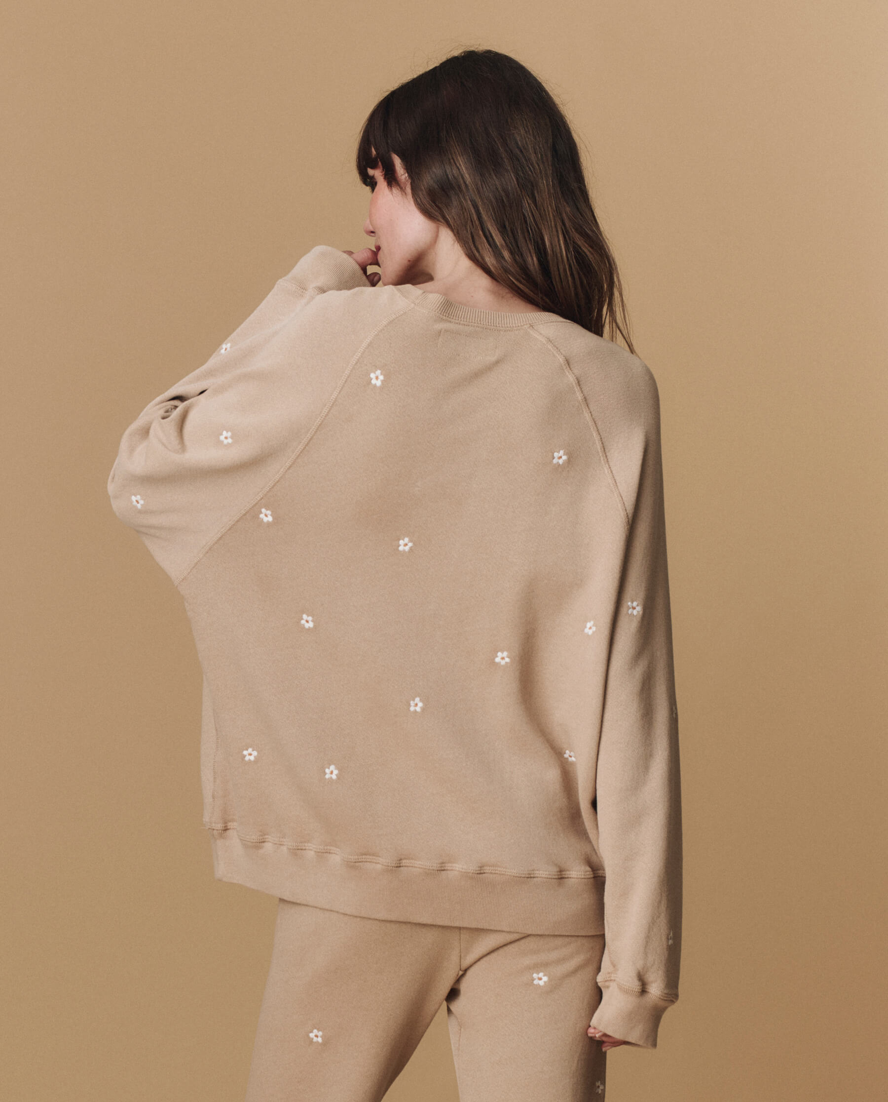 The Slouch Sweatshirt. Embroidered -- Khaki with Daisy Embroidery